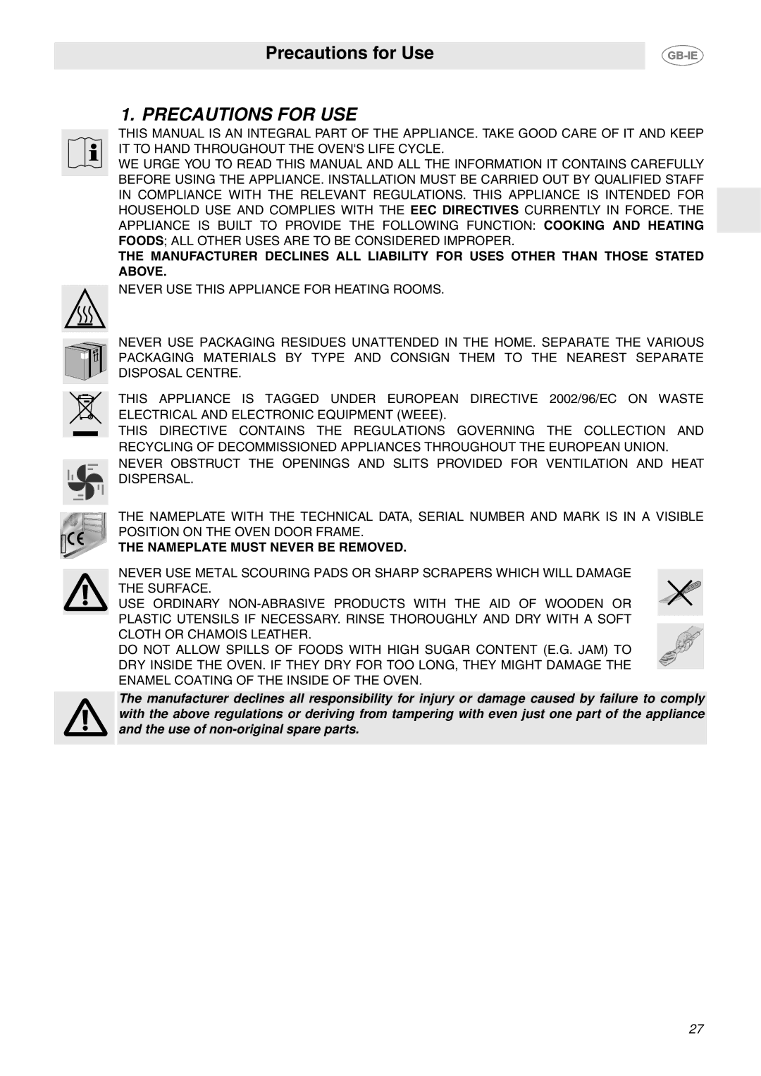 Smeg FP850APZ manual Precautions for USE, Nameplate Must Never be Removed 