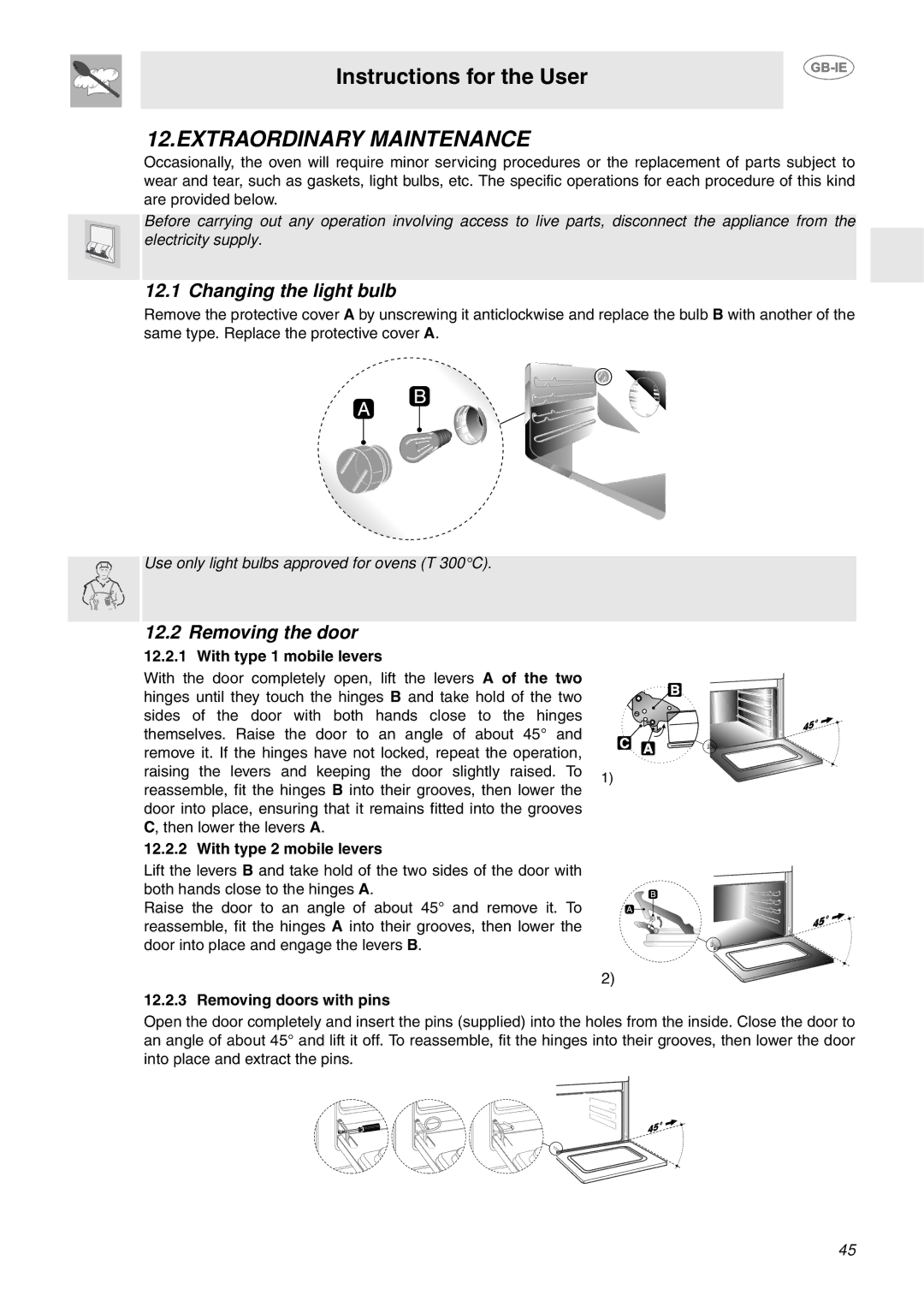 Smeg FP850APZ manual Extraordinary Maintenance, Changing the light bulb, Removing the door 