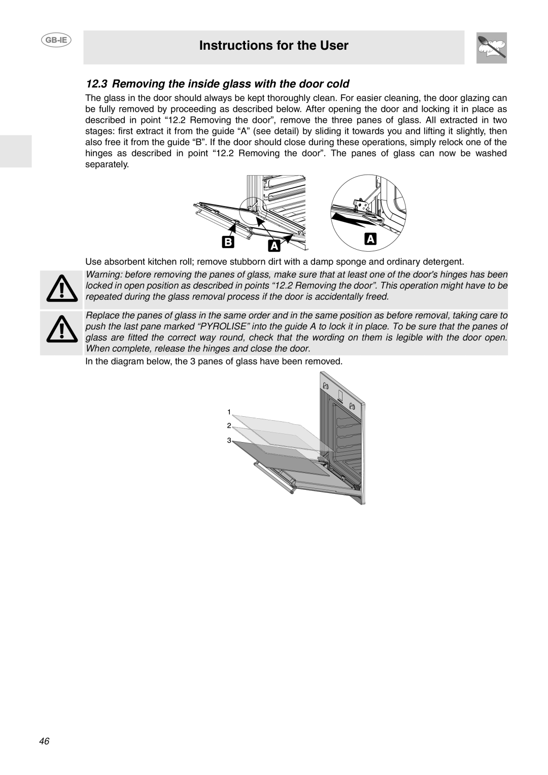 Smeg FP850APZ manual Removing the inside glass with the door cold 