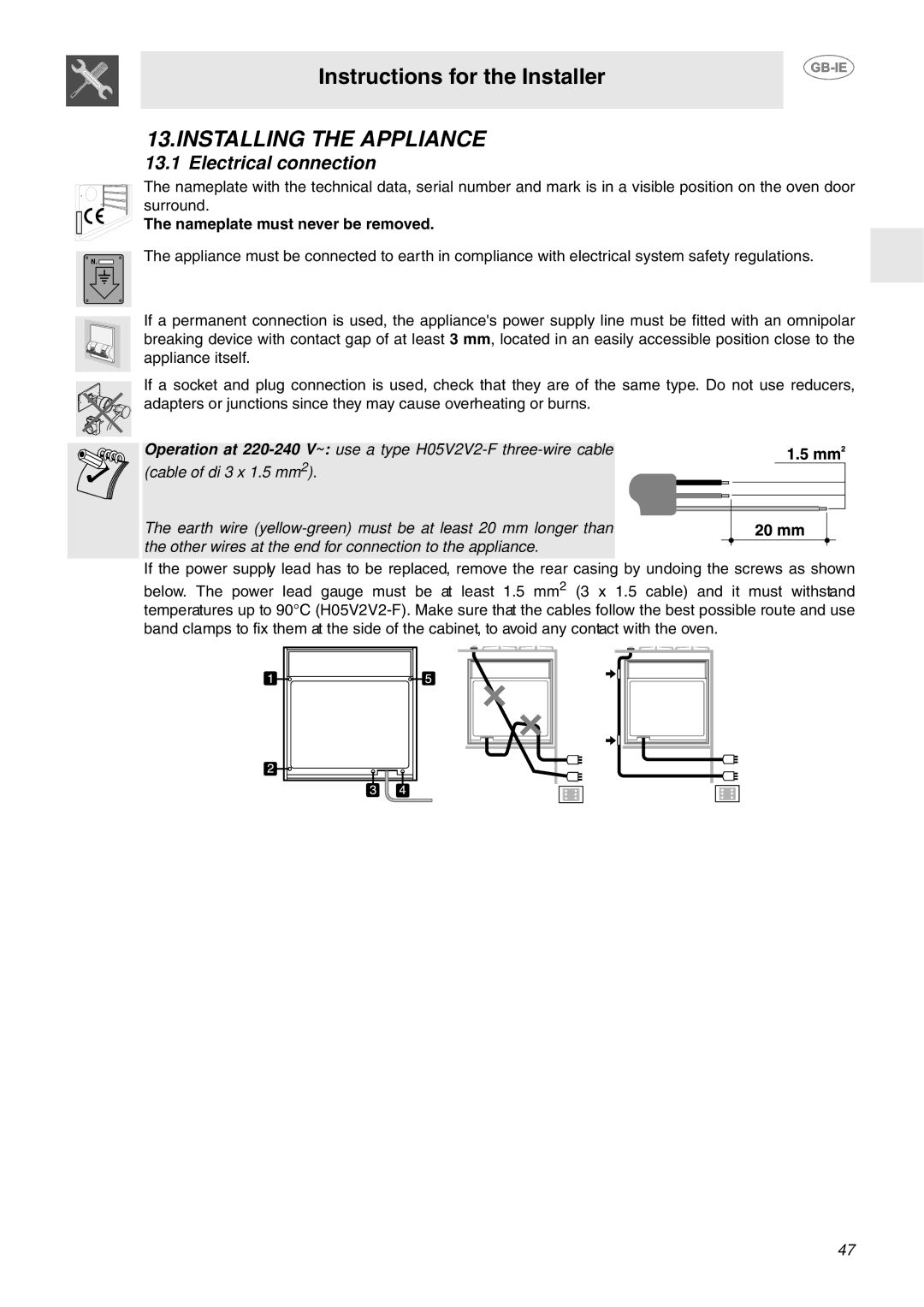 Smeg FP850APZ manual Installing the Appliance, Electrical connection, Nameplate must never be removed 