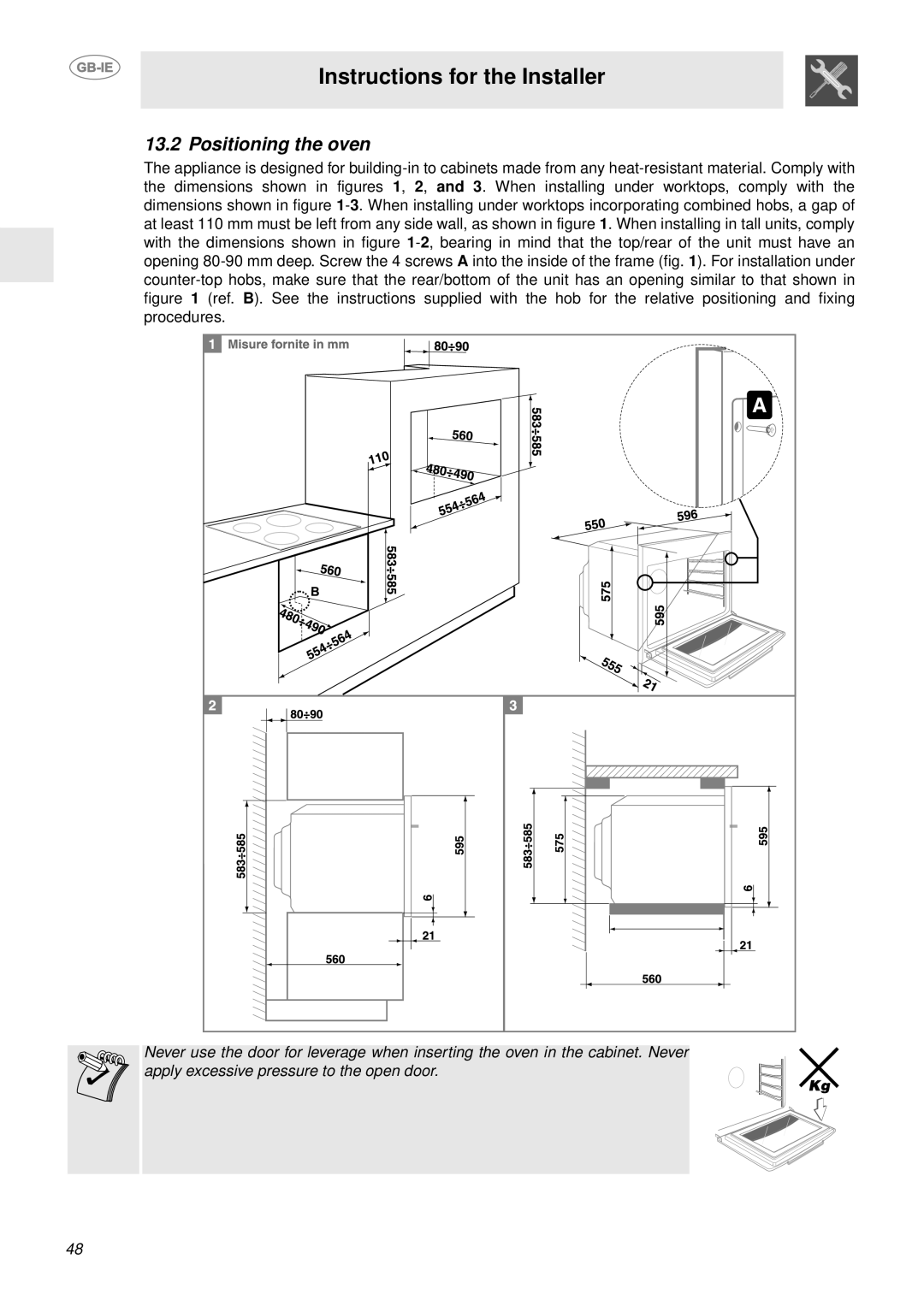 Smeg FP850APZ manual Positioning the oven 