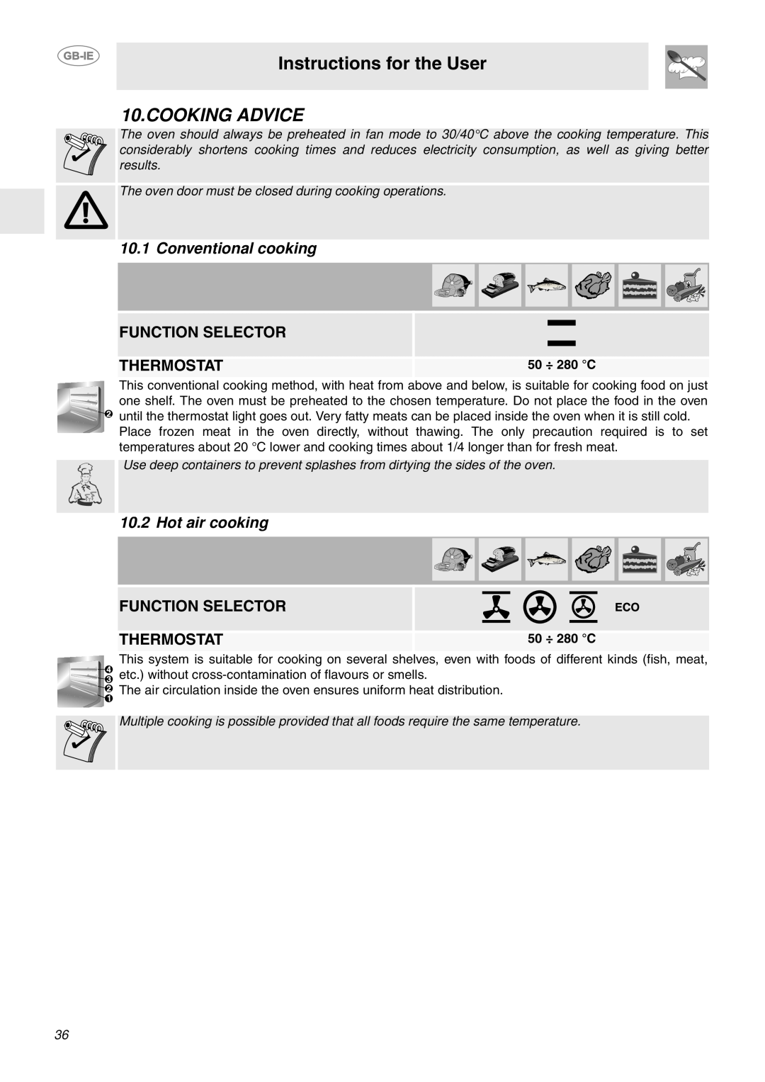 Smeg FP850APZ manual Cooking Advice, Conventional cooking, Function Selector, Thermostat, Hot air cooking 