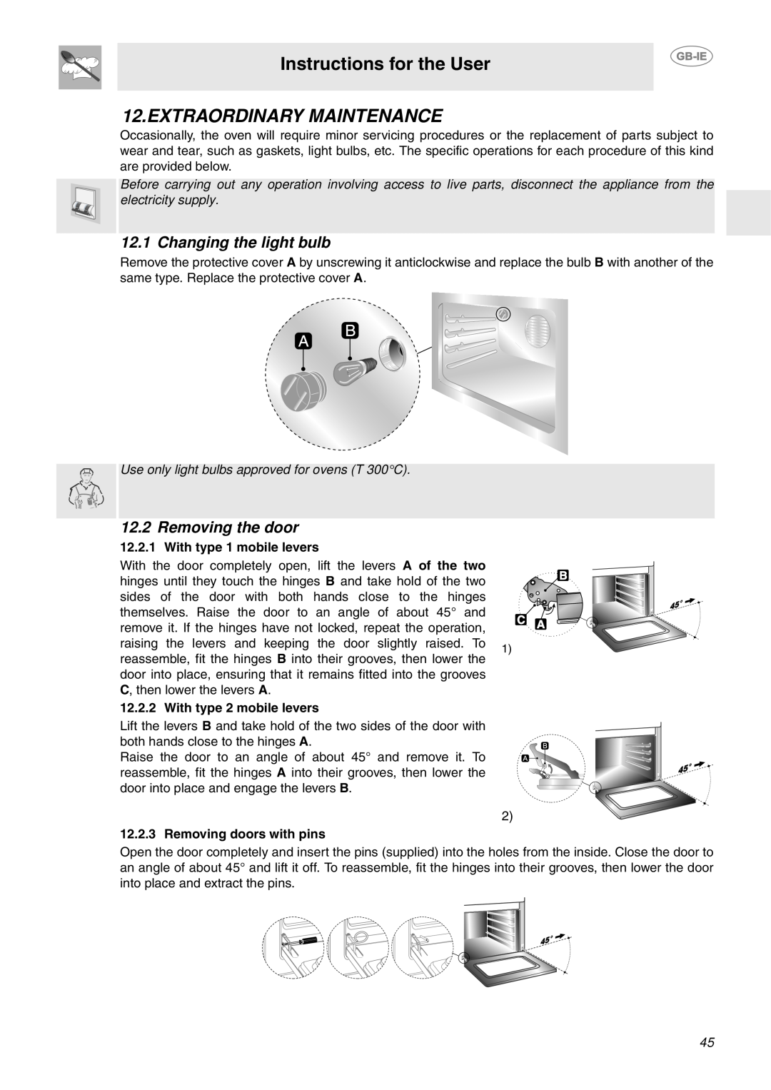 Smeg FP850APZ manual Extraordinary Maintenance, Changing the light bulb, Removing the door, Instructions for the User 
