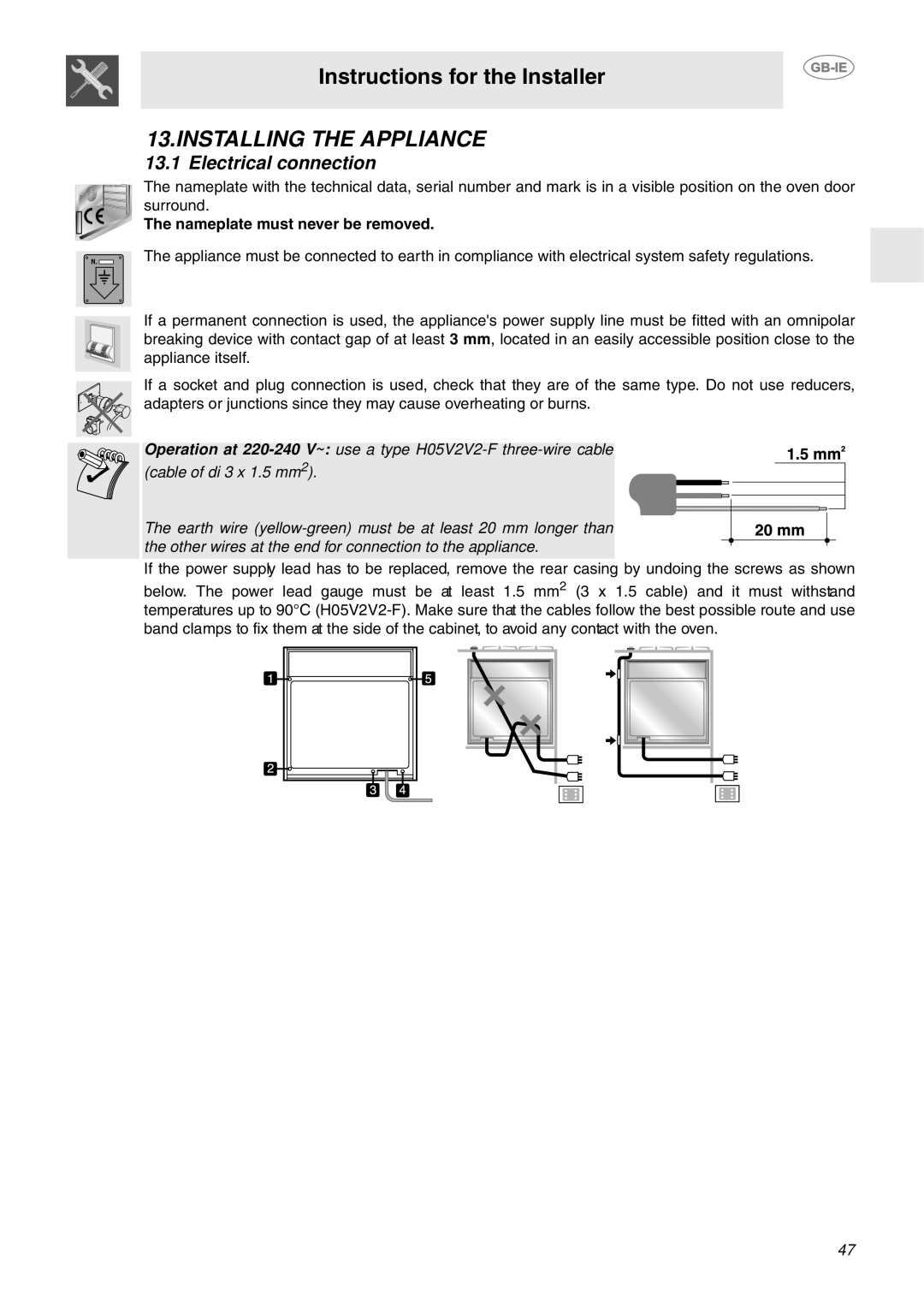 Smeg FP850APZ manual Instructions for the Installer, Installing The Appliance, Electrical connection 