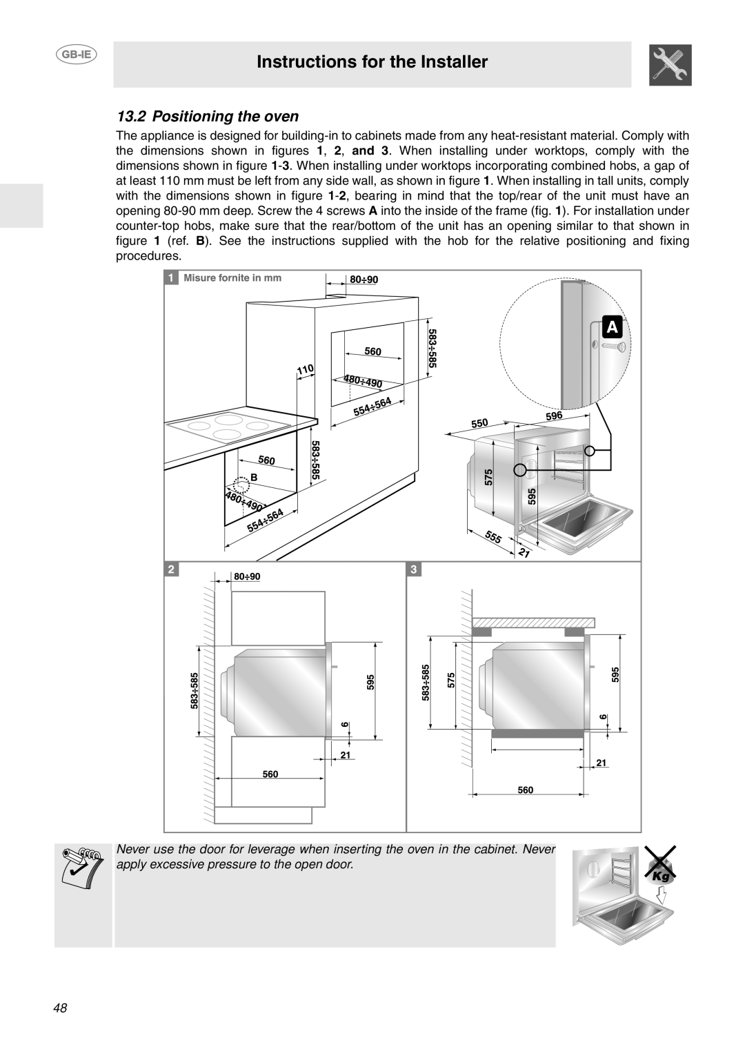 Smeg FP850APZ manual Positioning the oven, Instructions for the Installer 