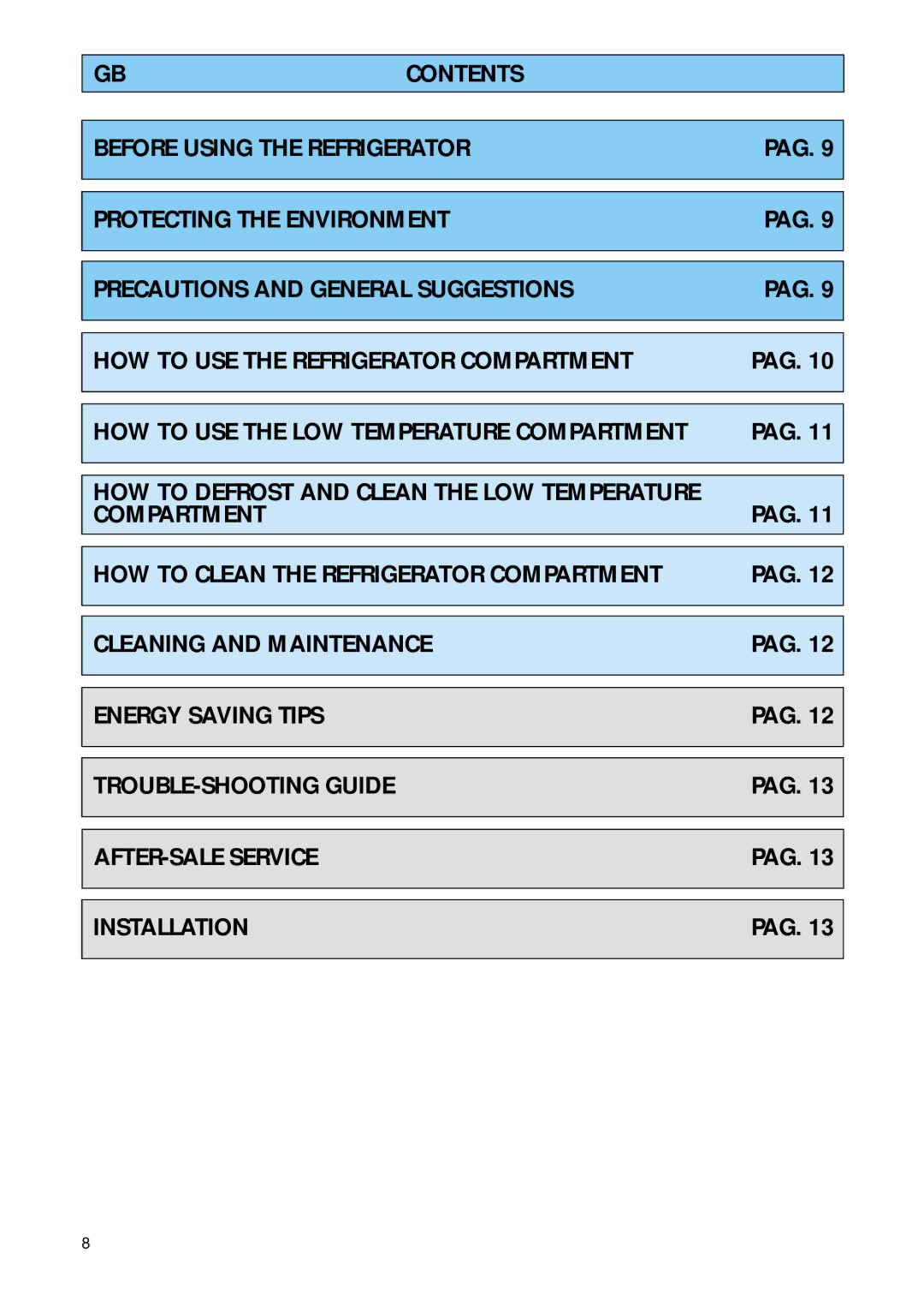 Smeg FR132A manual Contents Before Using the Refrigerator, Protecting the Environment, Precautions and General Suggestions 