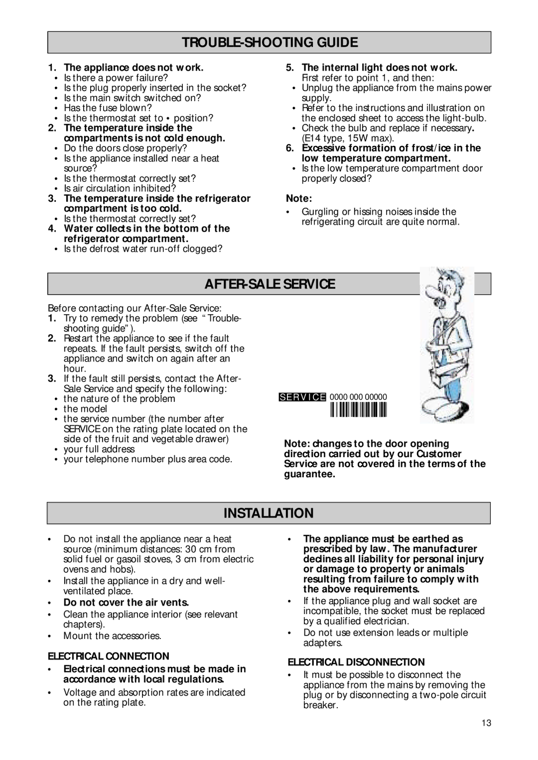 Smeg FR132A manual TROUBLE-SHOOTING Guide, Appliance does not work, Temperature inside the compartments is not cold enough 