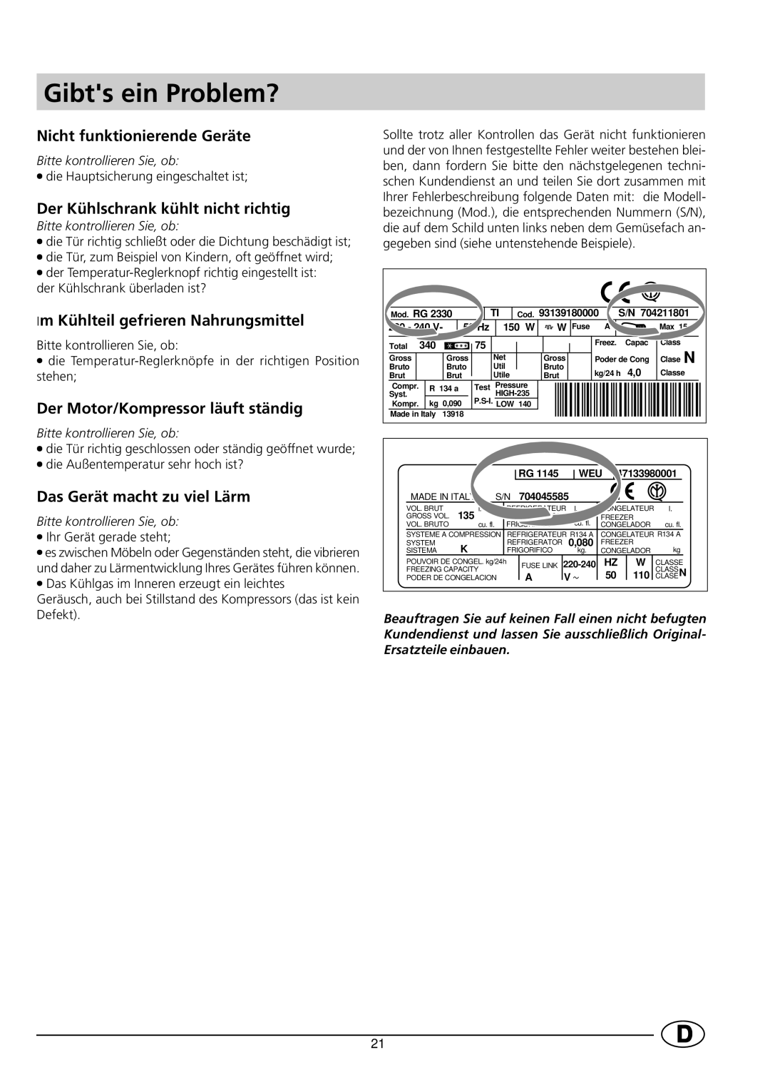 Smeg FR138B manual Gibts ein Problem? 