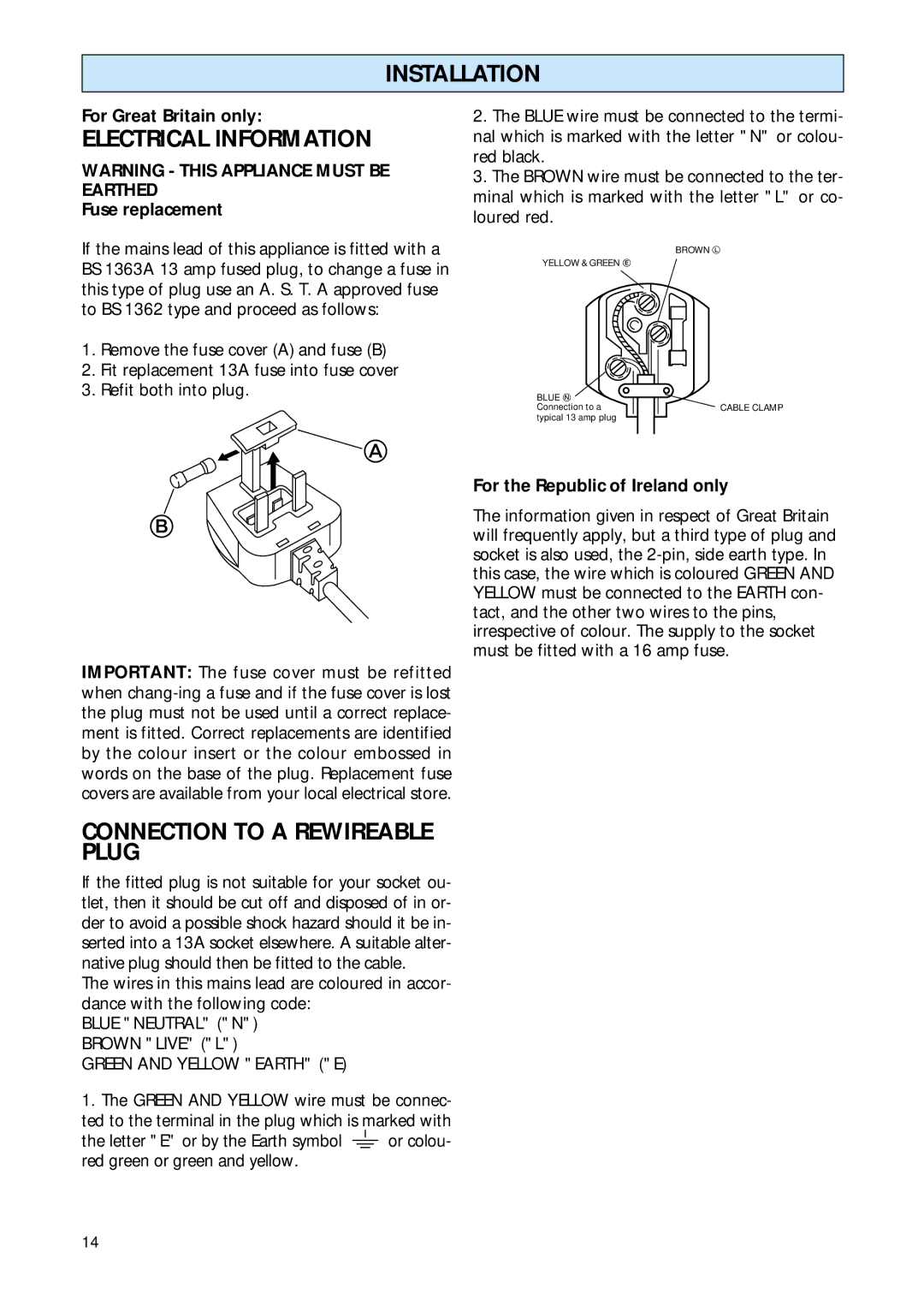 Smeg FR148A manual Electrical Information, Connection to a Rewireable Plug, For Great Britain only, Fuse replacement 