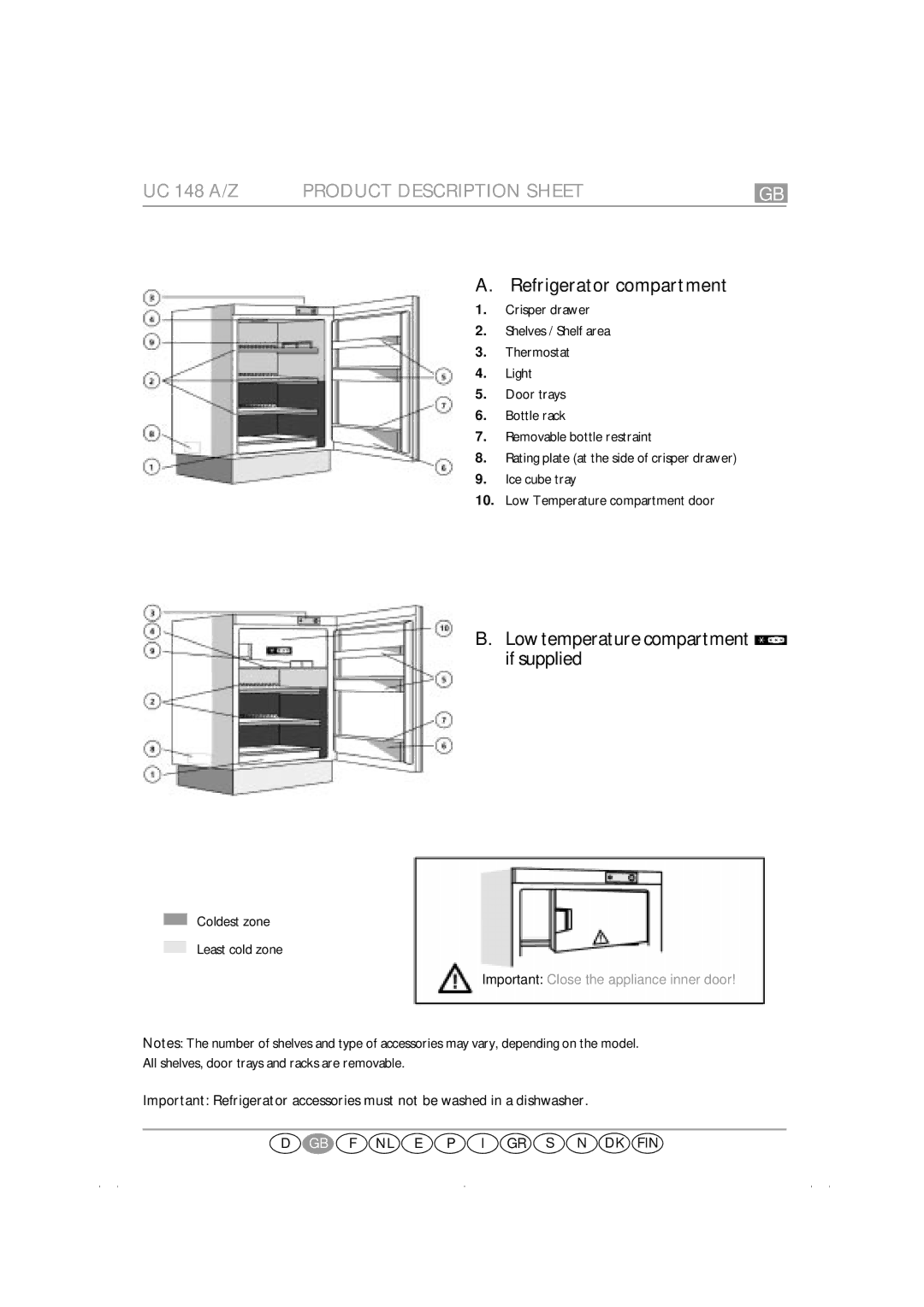 Smeg FR148A7, FR132A7 manual UC 148 A/Z, Coldest zone Least cold zone 