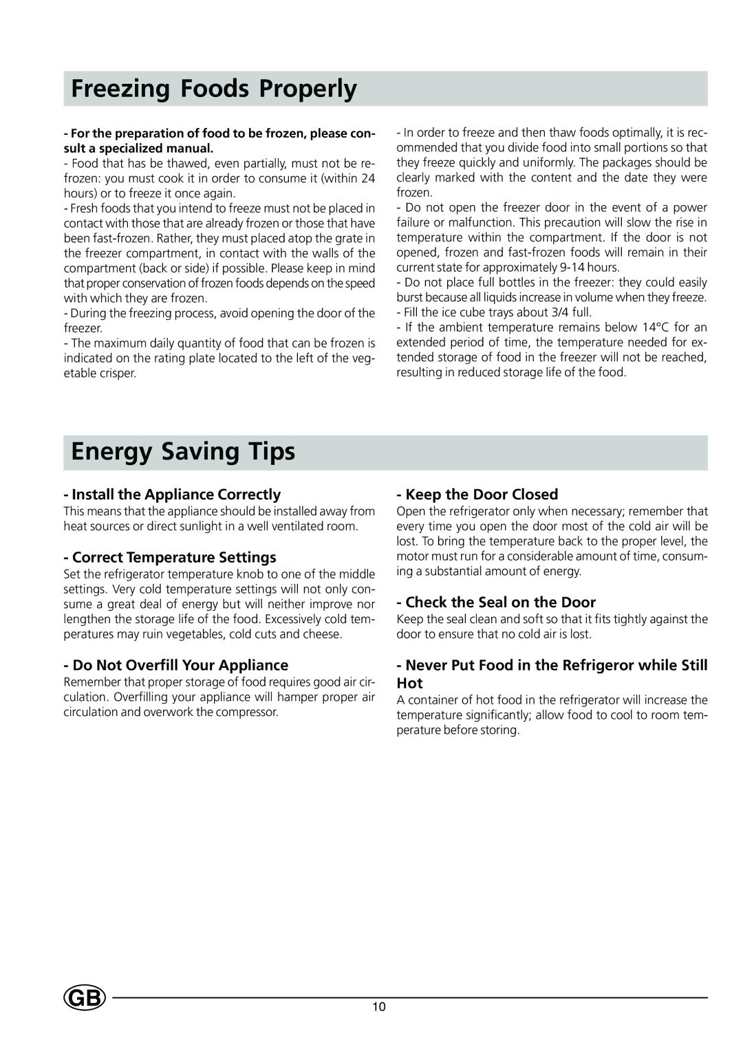 Smeg FR150A manual Freezing Foods Properly, Energy Saving Tips 