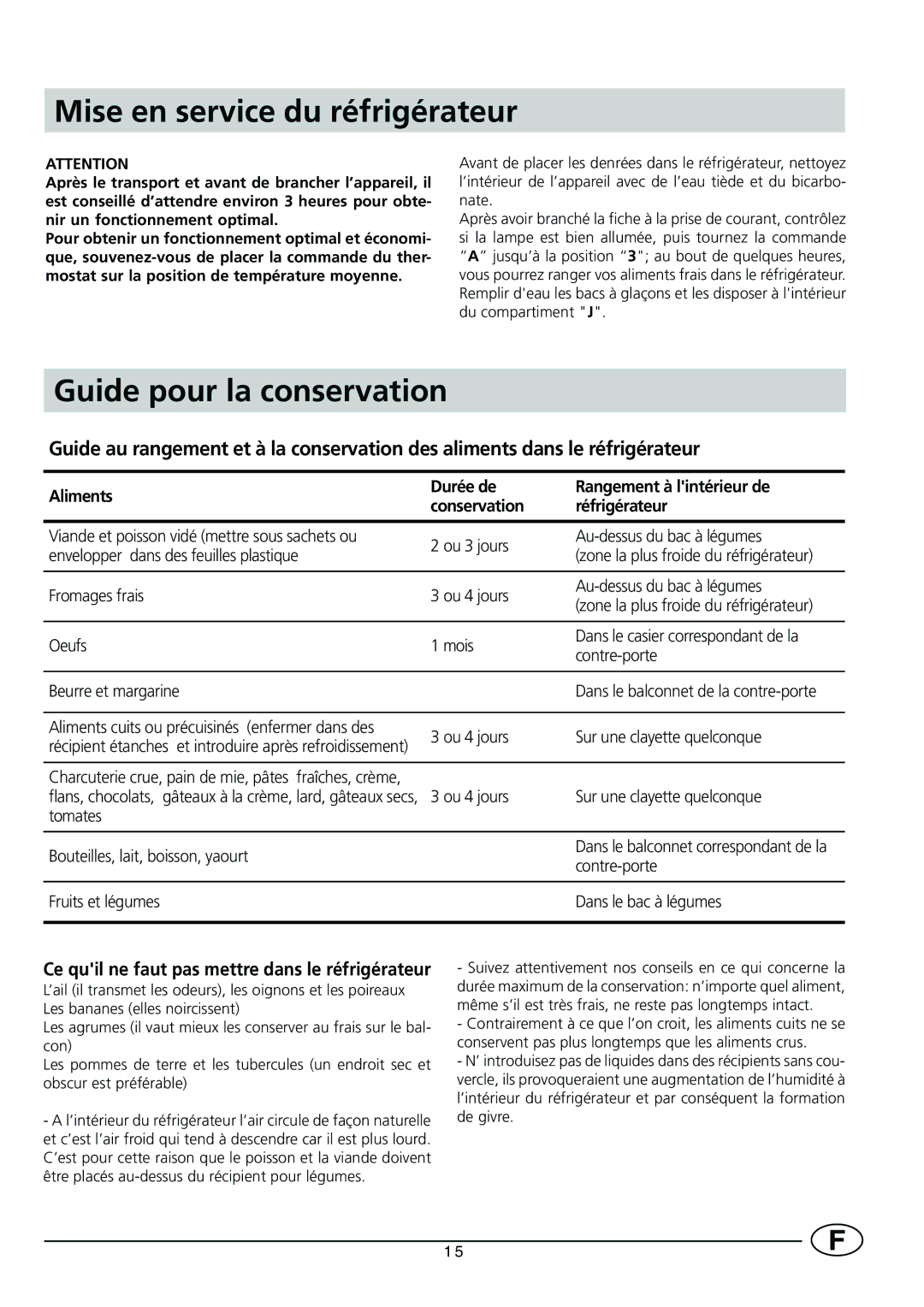 Smeg FR150A Mise en service du réfrigérateur, Guide pour la conservation, Ce quil ne faut pas mettre dans le réfrigérateur 