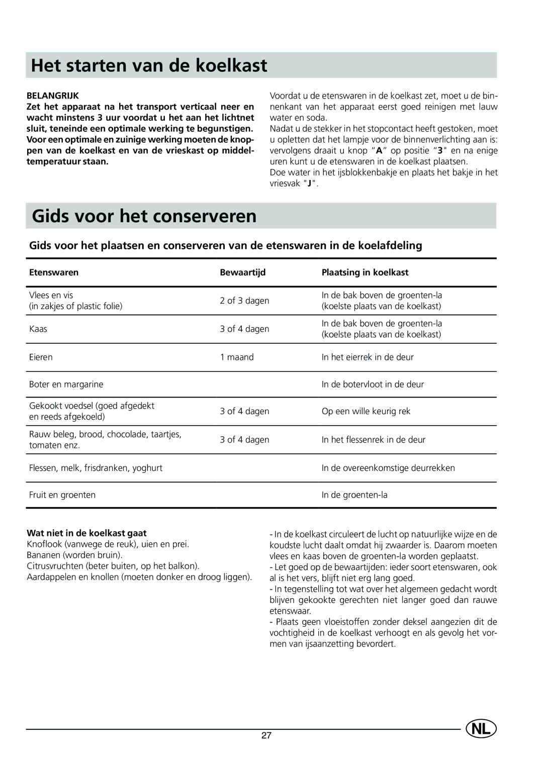 Smeg FR150A manual Het starten van de koelkast, Gids voor het conserveren, Wat niet in de koelkast gaat 