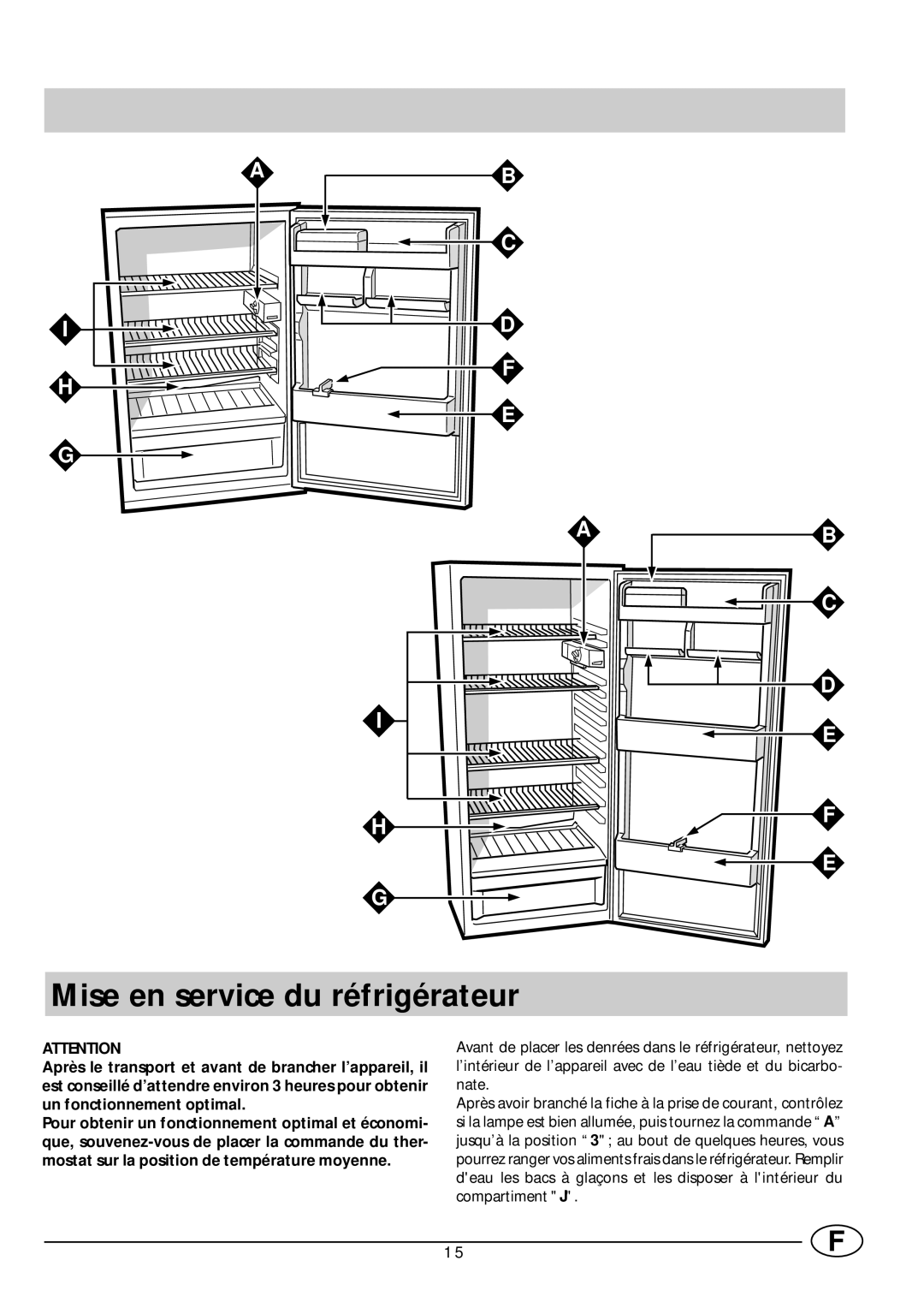 Smeg FR165SE manual Mise en service du réfrigérateur 