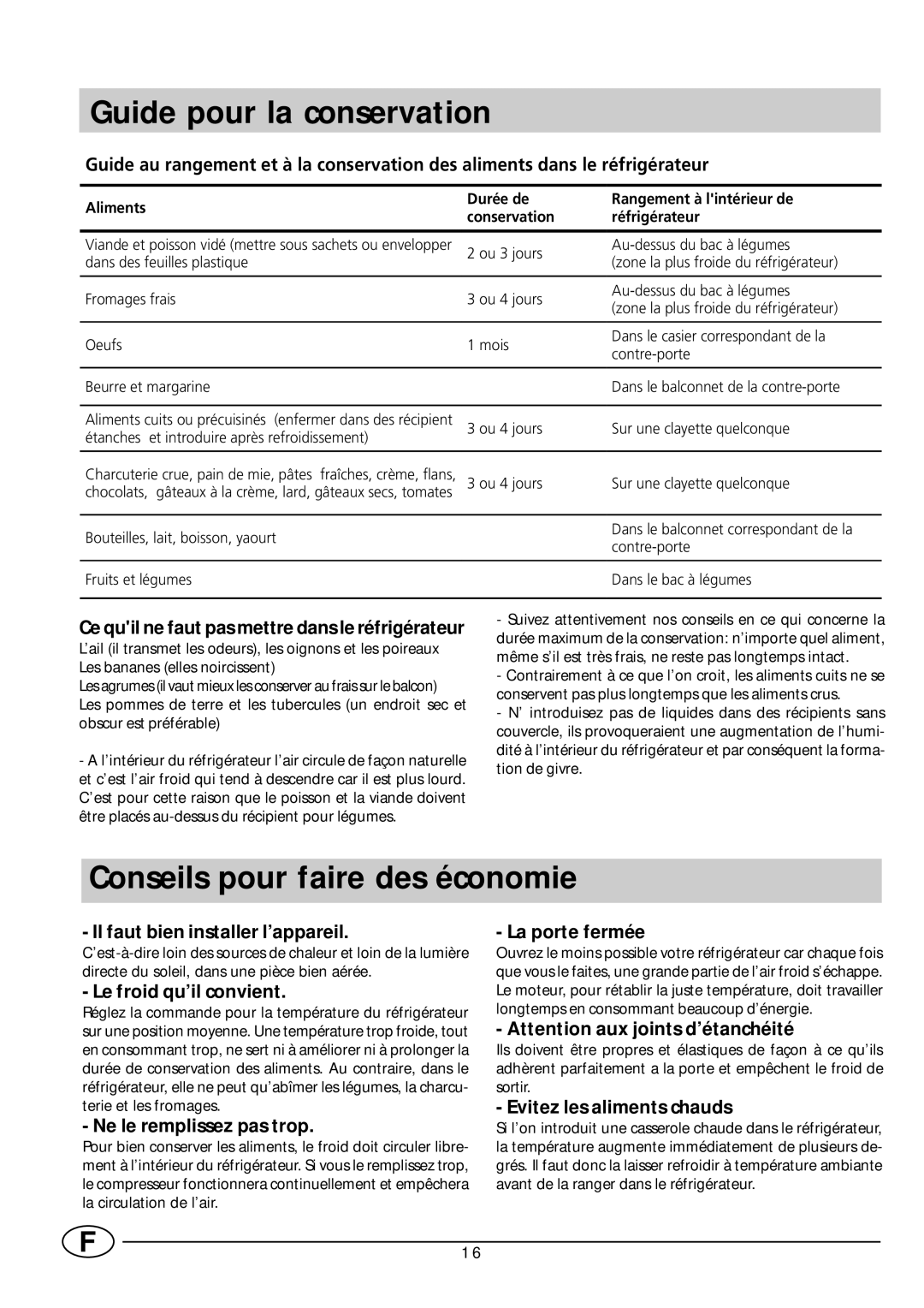 Smeg FR165SE manual Guide pour la conservation, Conseils pour faire des économie 