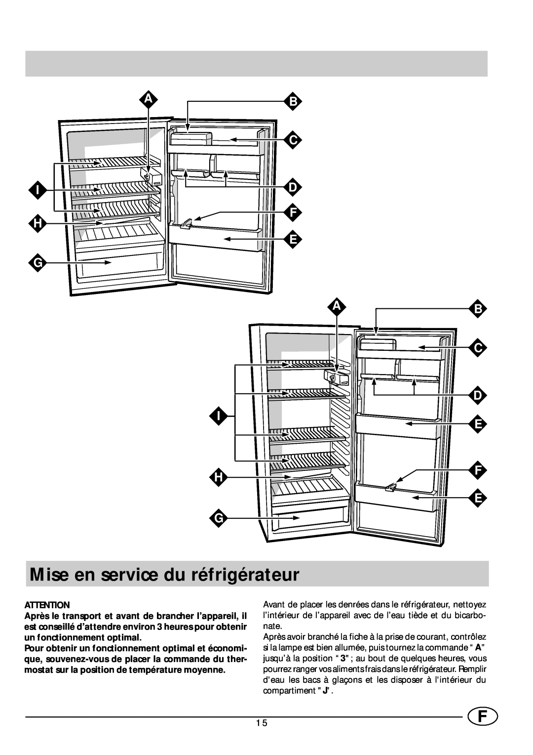 Smeg FR165SE manual Mise en service du réfrigérateur, I H G, Ab C D E F E 