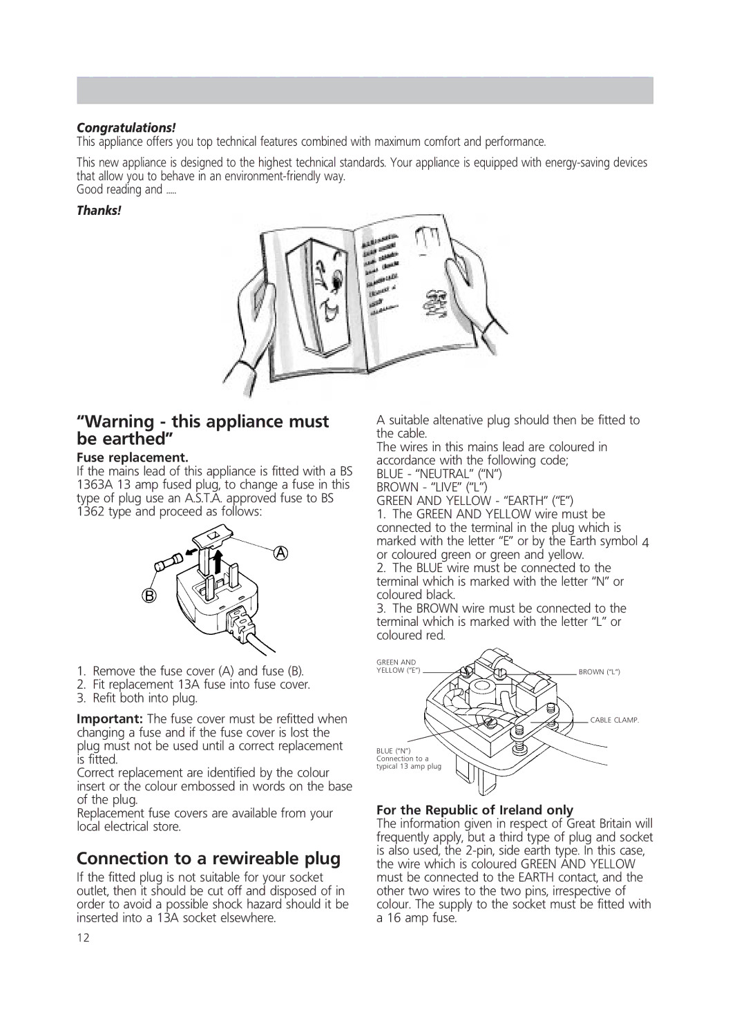 Smeg FR205A manual Connection to a rewireable plug, Fuse replacement, For the Republic of Ireland only 