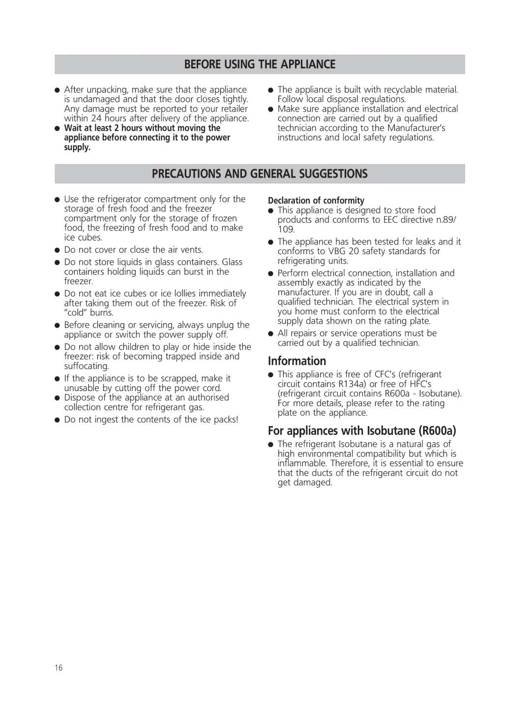 Smeg FR205A manual Information, For appliances with Isobutane R600a, Declaration of conformity 