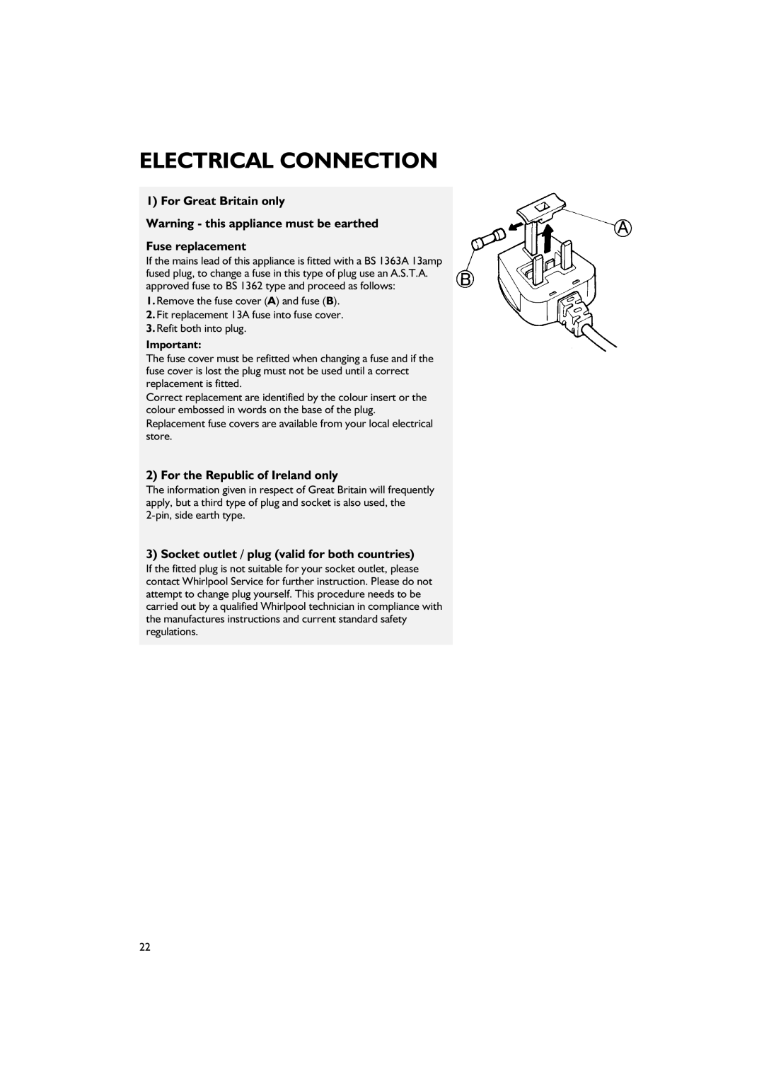 Smeg FR205A7 manual For Great Britain only Fuse replacement, For the Republic of Ireland only 