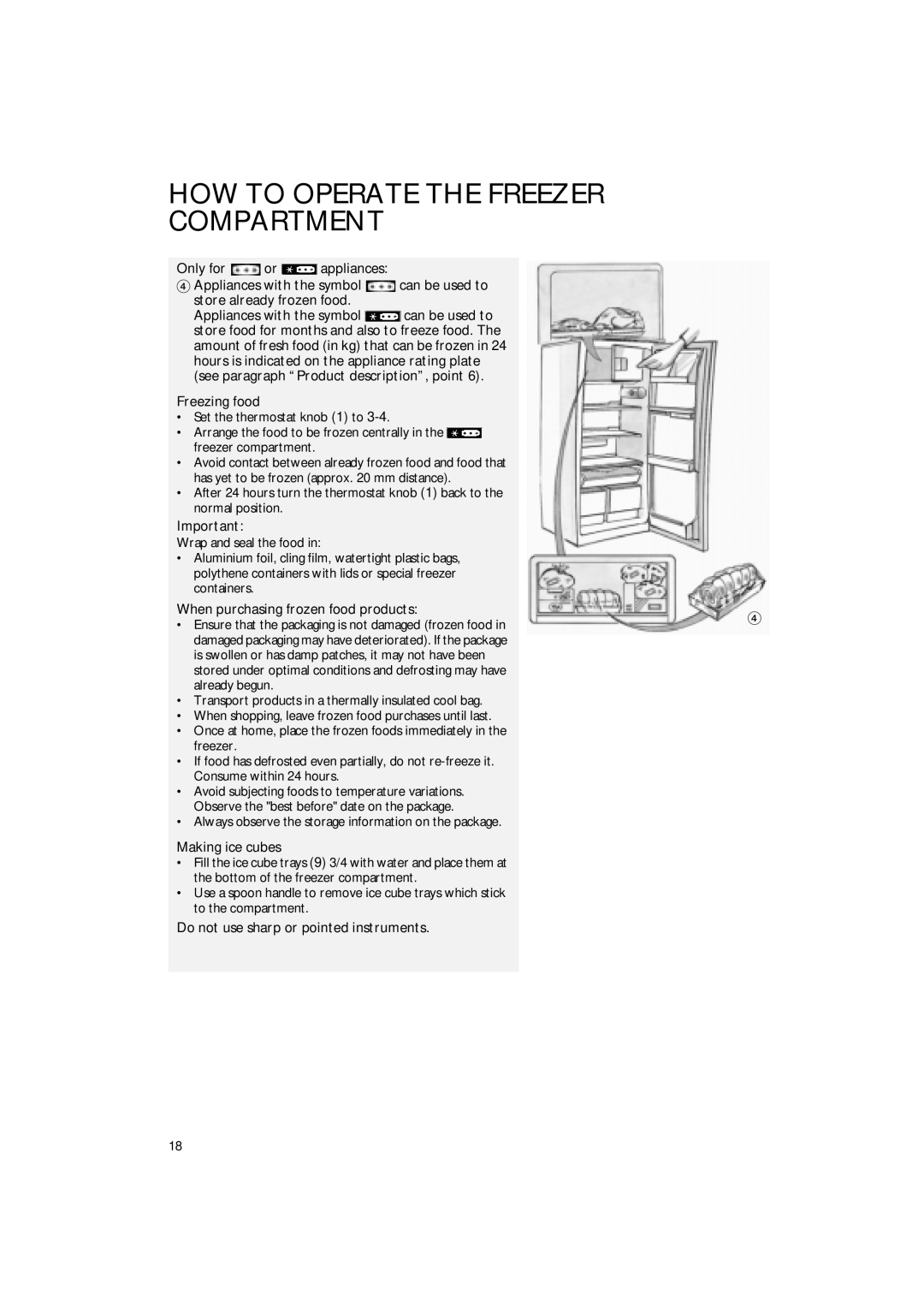 Smeg FR205APL, FR220APL manual Freezing food, When purchasing frozen food products, Making ice cubes 