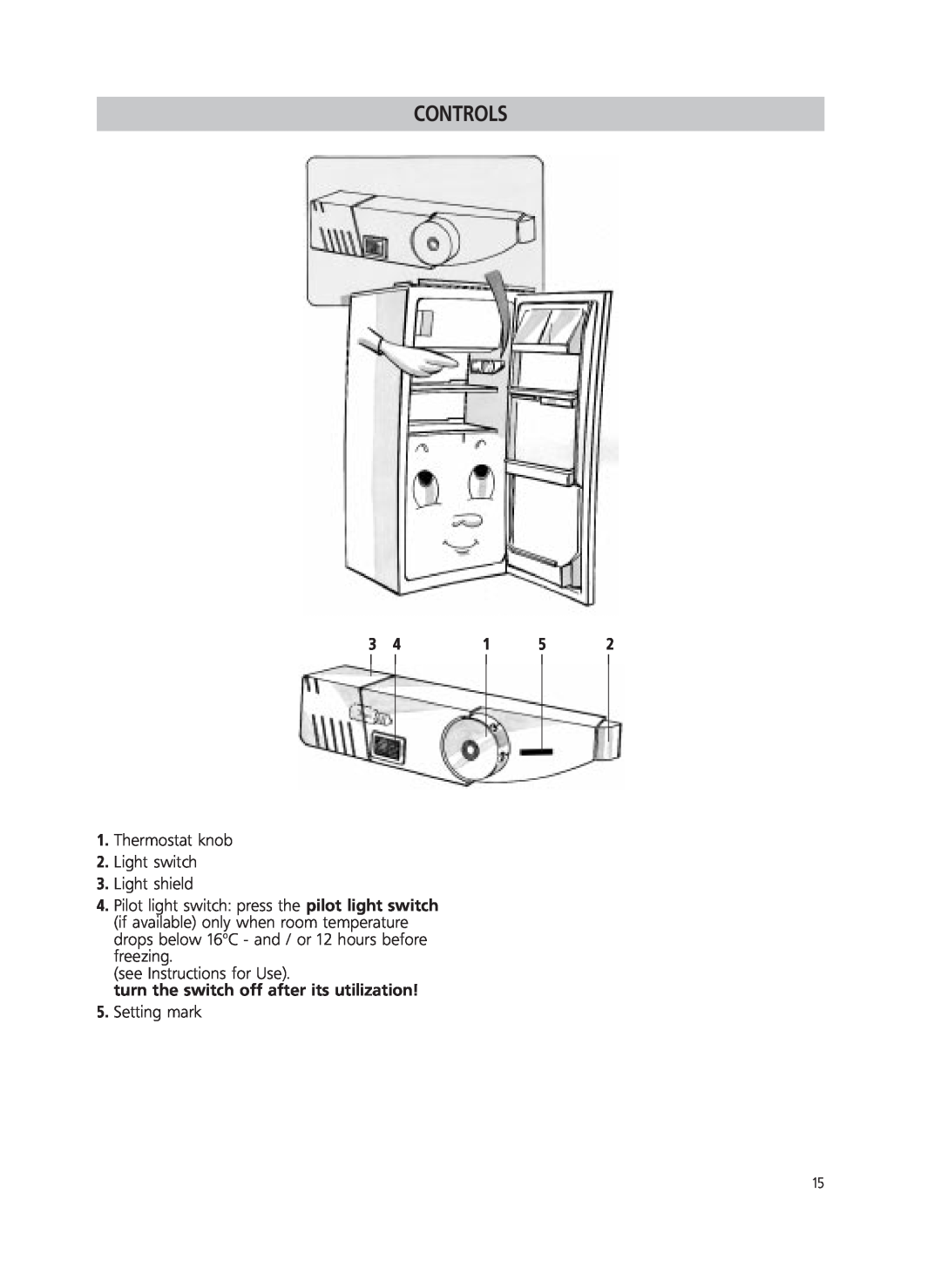 Smeg FR220A manual turn the switch off after its utilization, Controls, Thermostat knob 2.Light switch 3.Light shield 