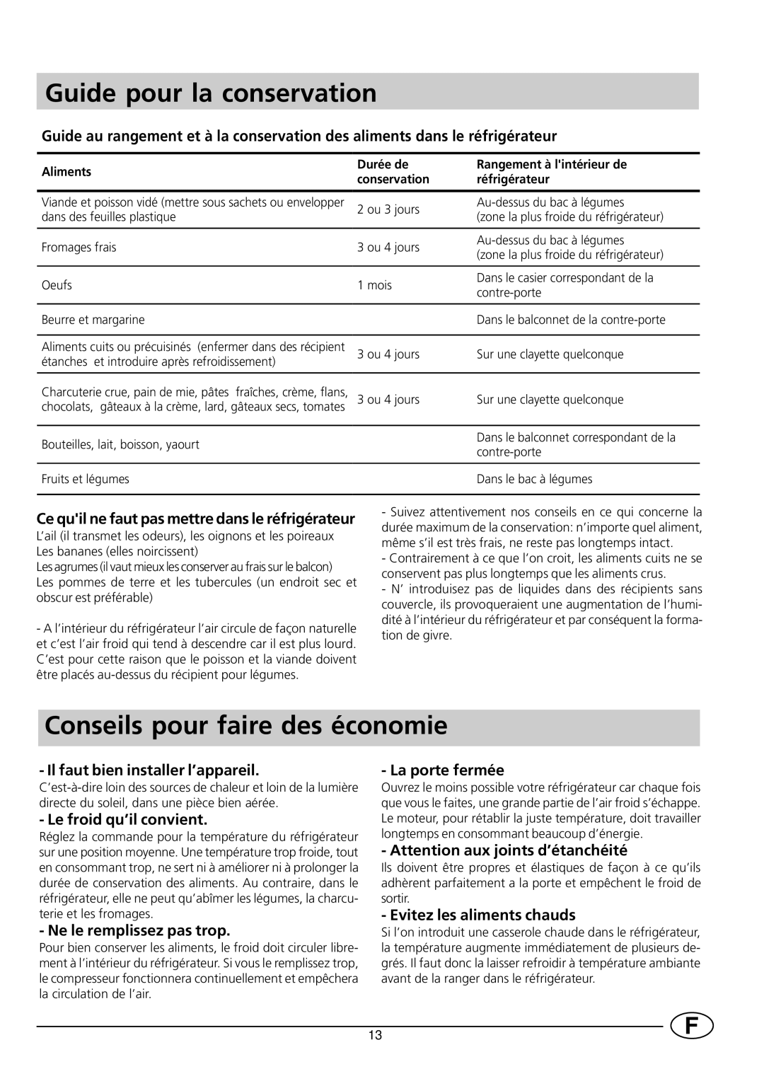 Smeg FR228SE/1 manual Guide pour la conservation, Conseils pour faire des économie 