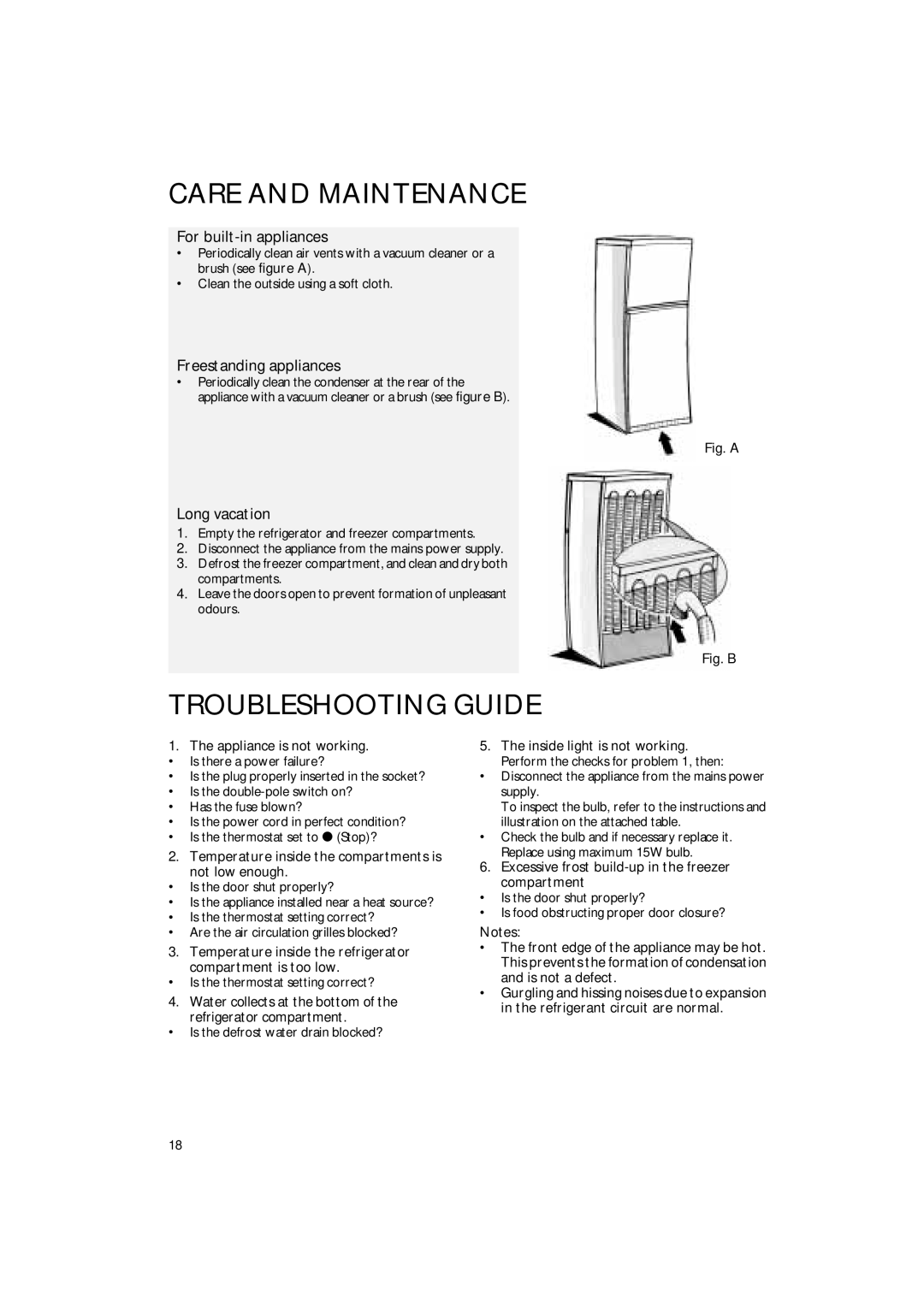 Smeg FR235A Care And Maintenance, Troubleshooting Guide, For built-in appliances, Freestanding appliances, Long vacation 