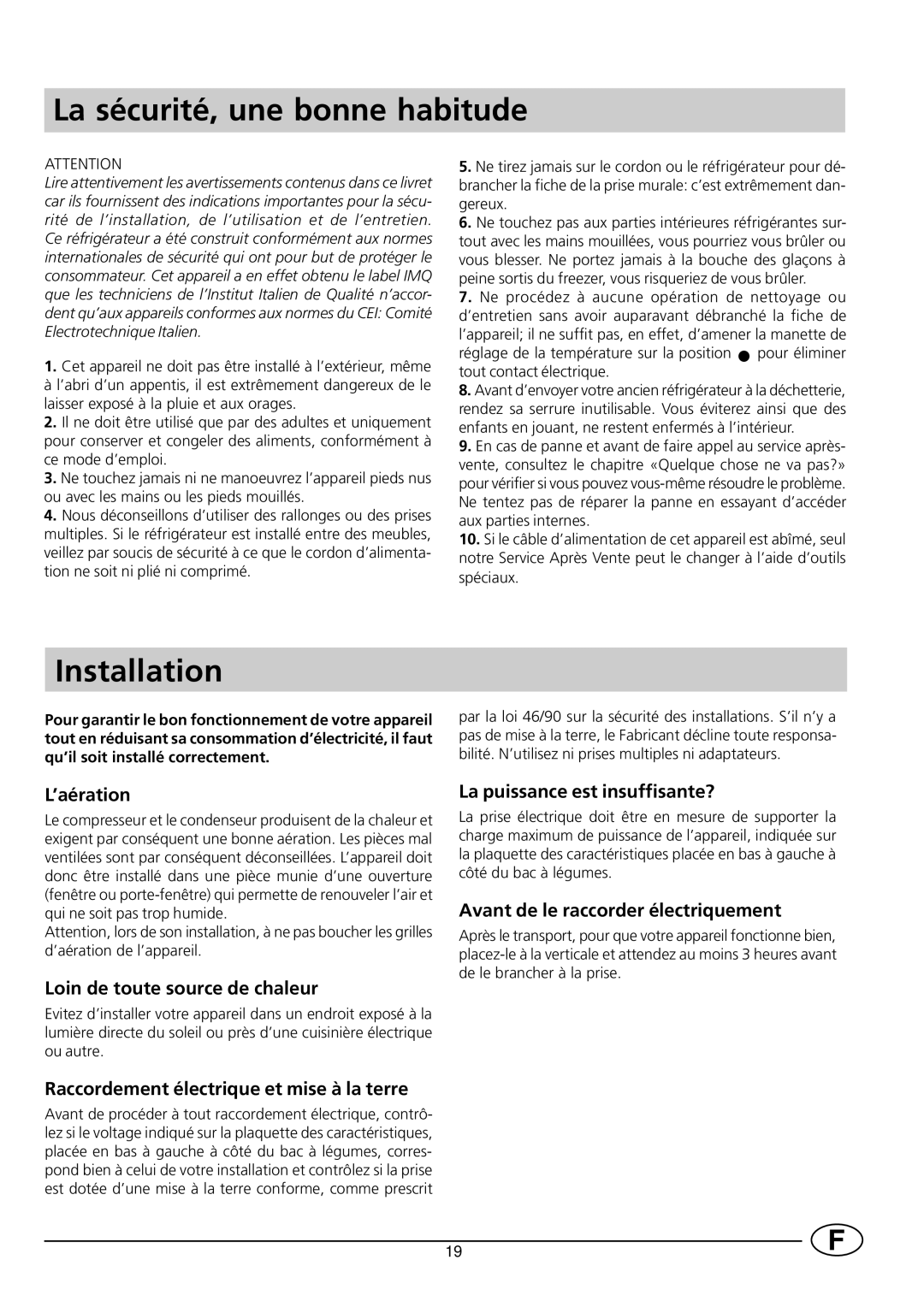 Smeg FR235SE manual La sécurité, une bonne habitude, Installation 