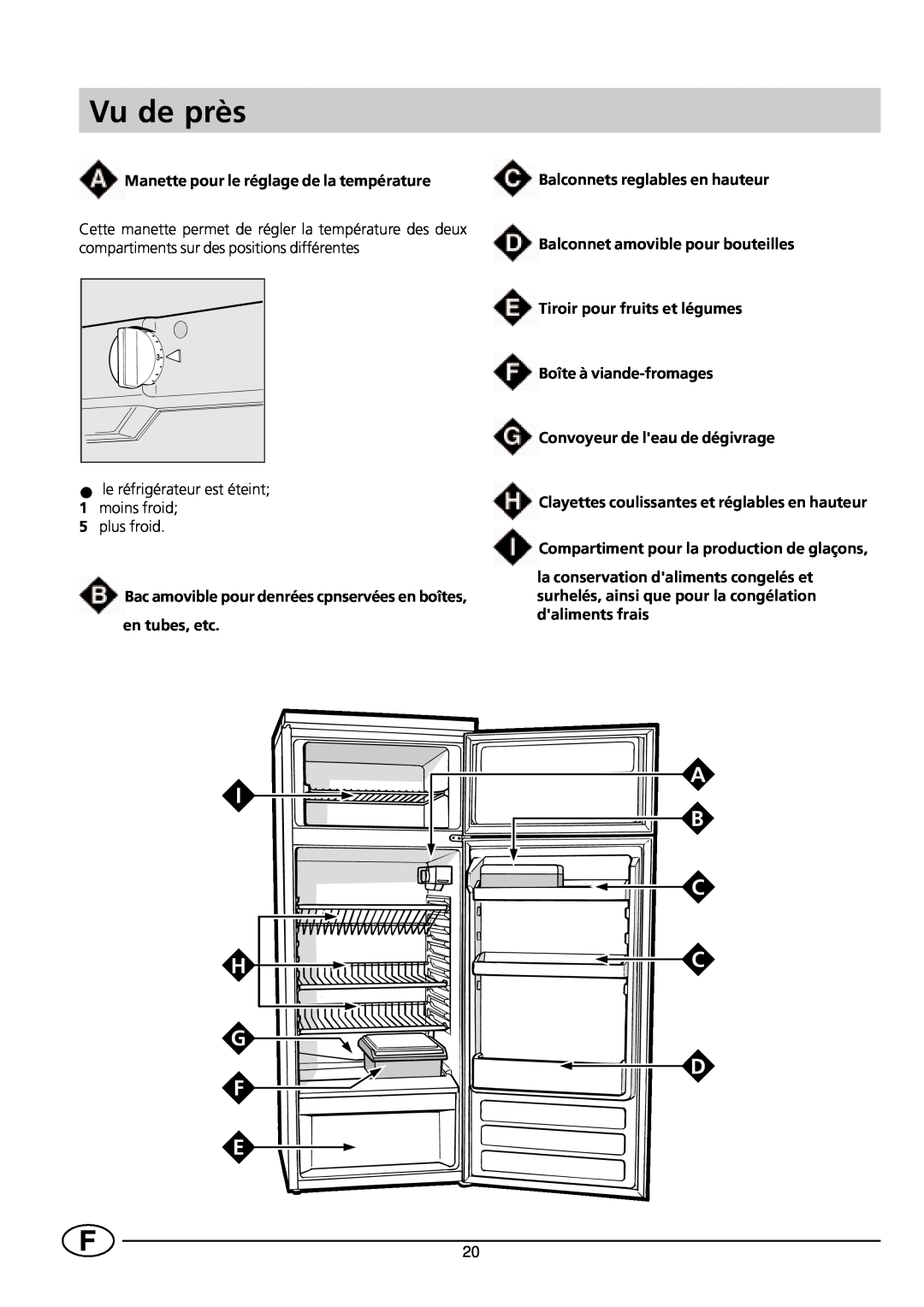 Smeg FR235SE manual Vu de près, Manette pour le réglage de la température, Balconnets reglables en hauteur 