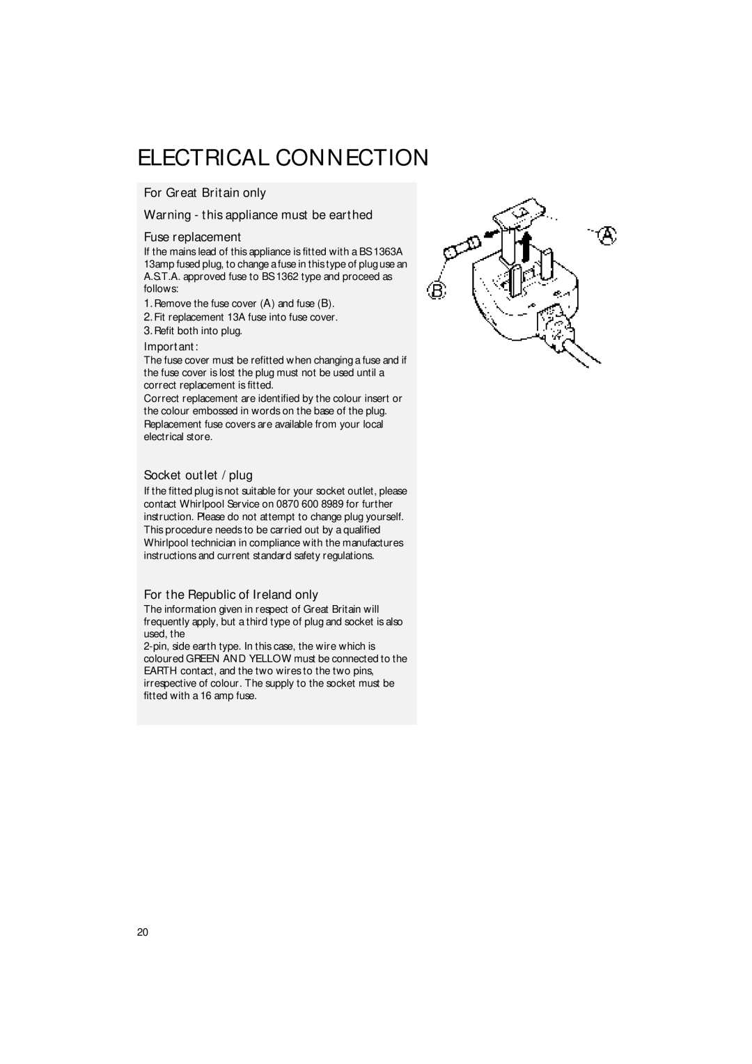 Smeg FR238APL manual For Great Britain only Fuse replacement, Socket outlet / plug, For the Republic of Ireland only 