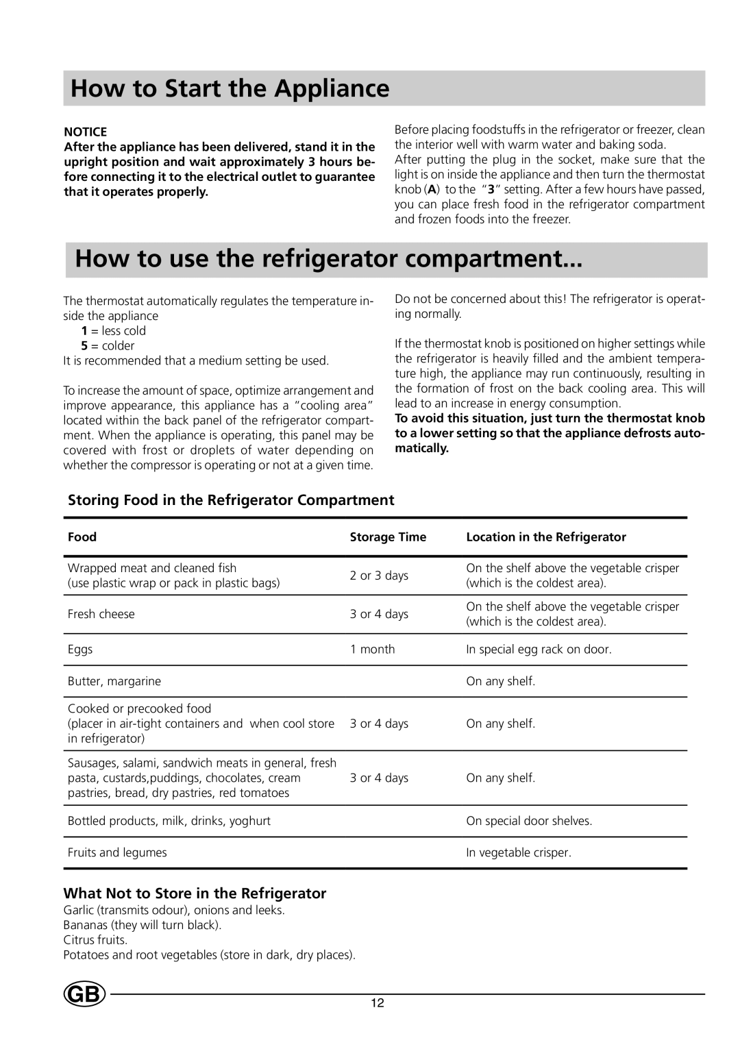 Smeg FR298A How to Start the Appliance, How to use the refrigerator compartment, What Not to Store in the Refrigerator 