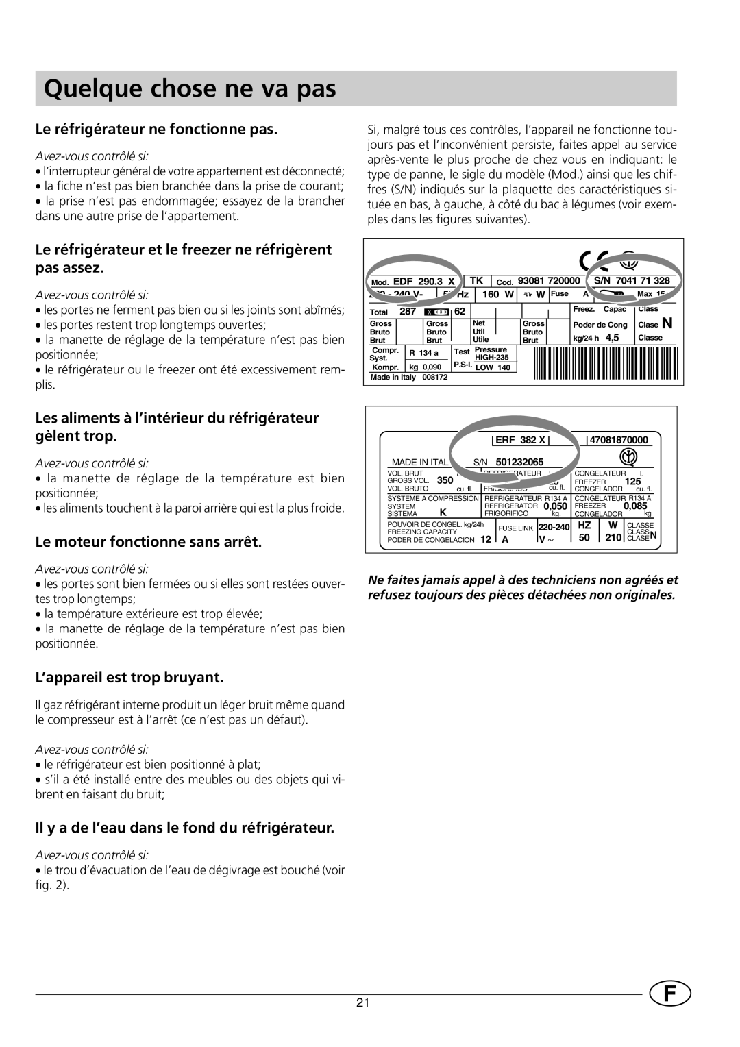 Smeg FR298SE/1 manual Quelque chose ne va pas 