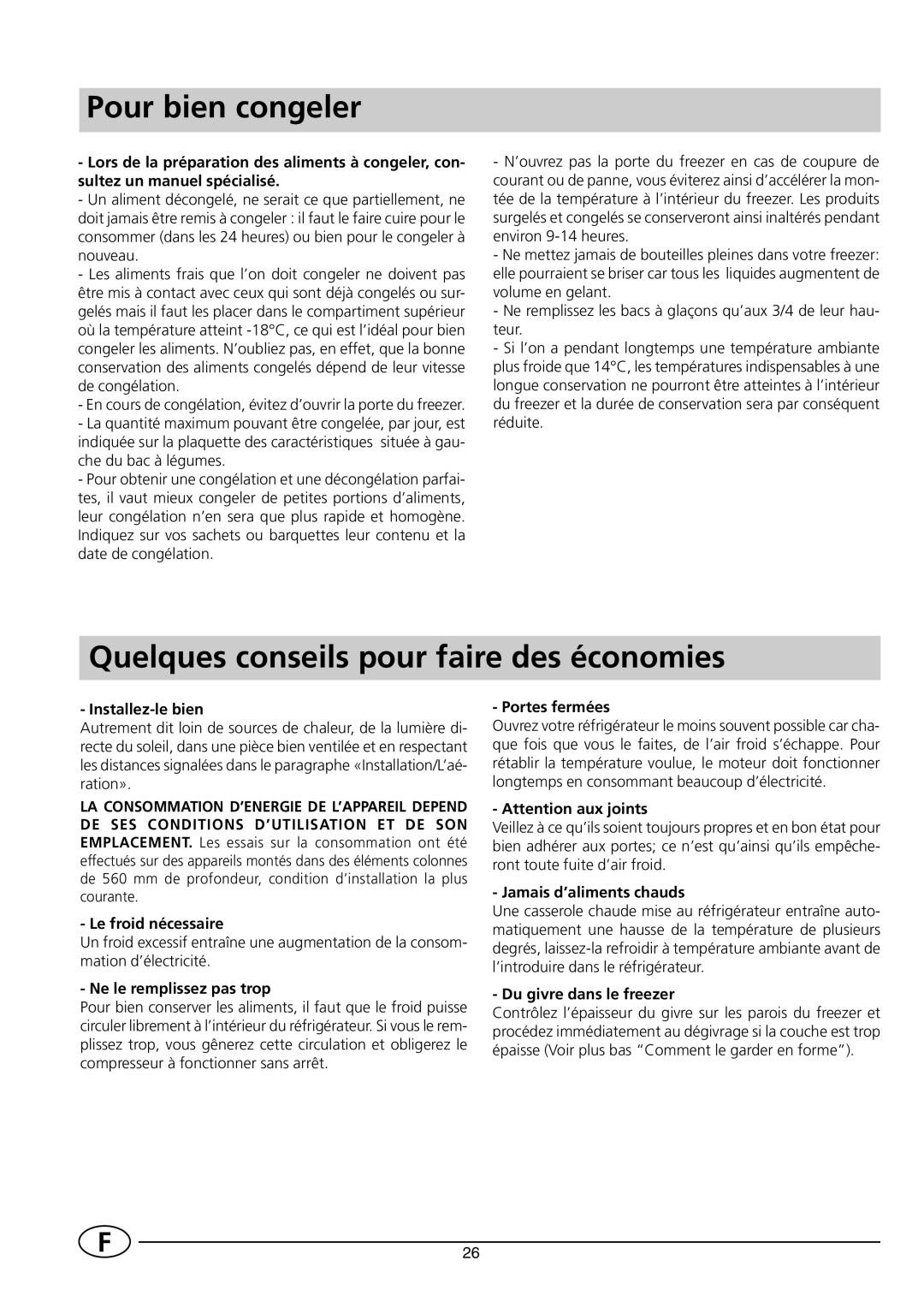 Smeg FR300SE1 manual Pour bien congeler, Quelques conseils pour faire des économies 