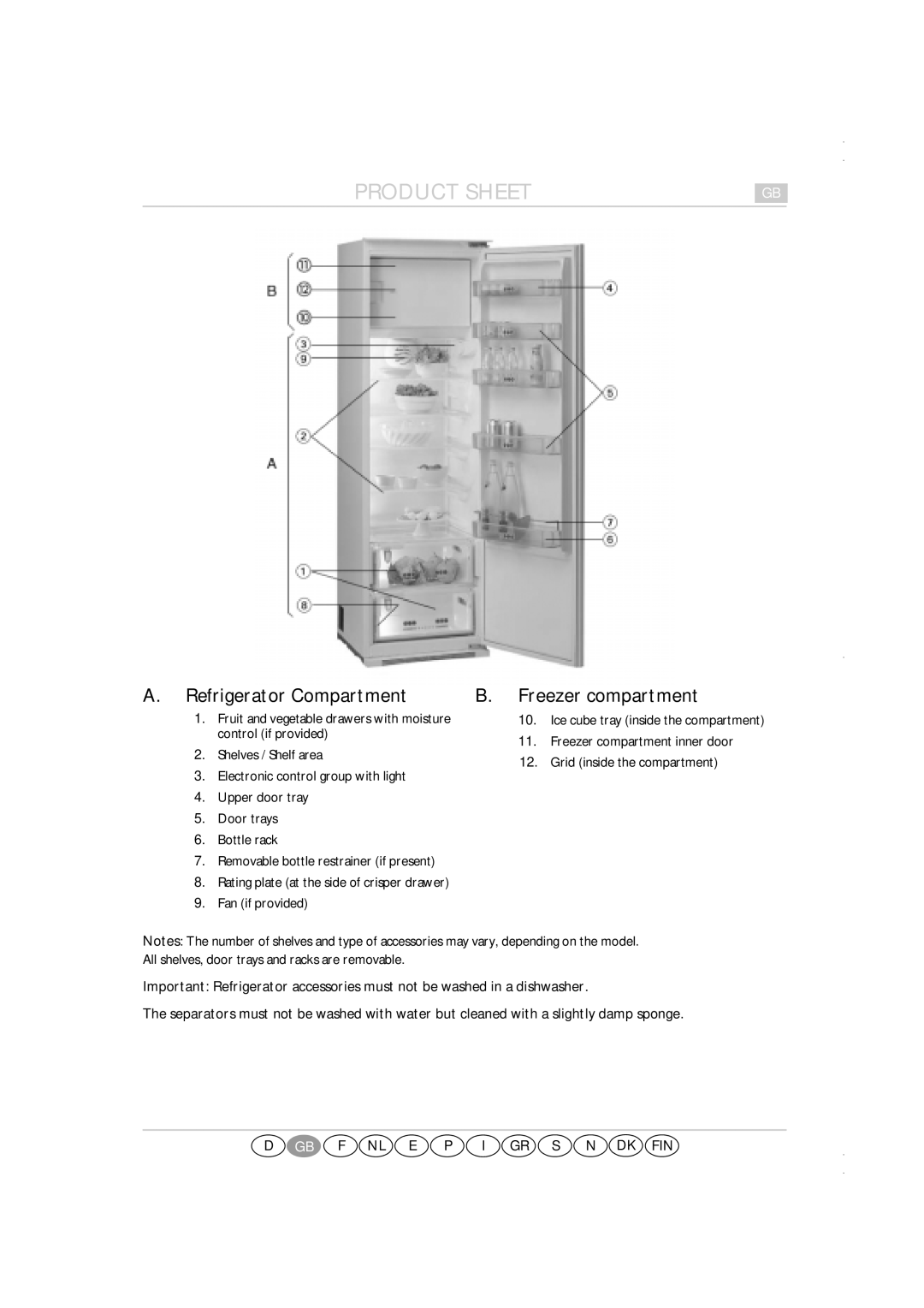 Smeg FR310APL manual A. Refrigerator Compartment, B. Freezer compartment, D Gb F Nl E P I Gr S N Dk Fin, Product Sheet 