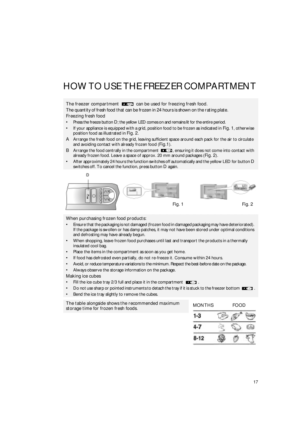 Smeg FR310APL How To Use The Freezer Compartment, The freezer compartment can be used for freezing fresh food, Months 