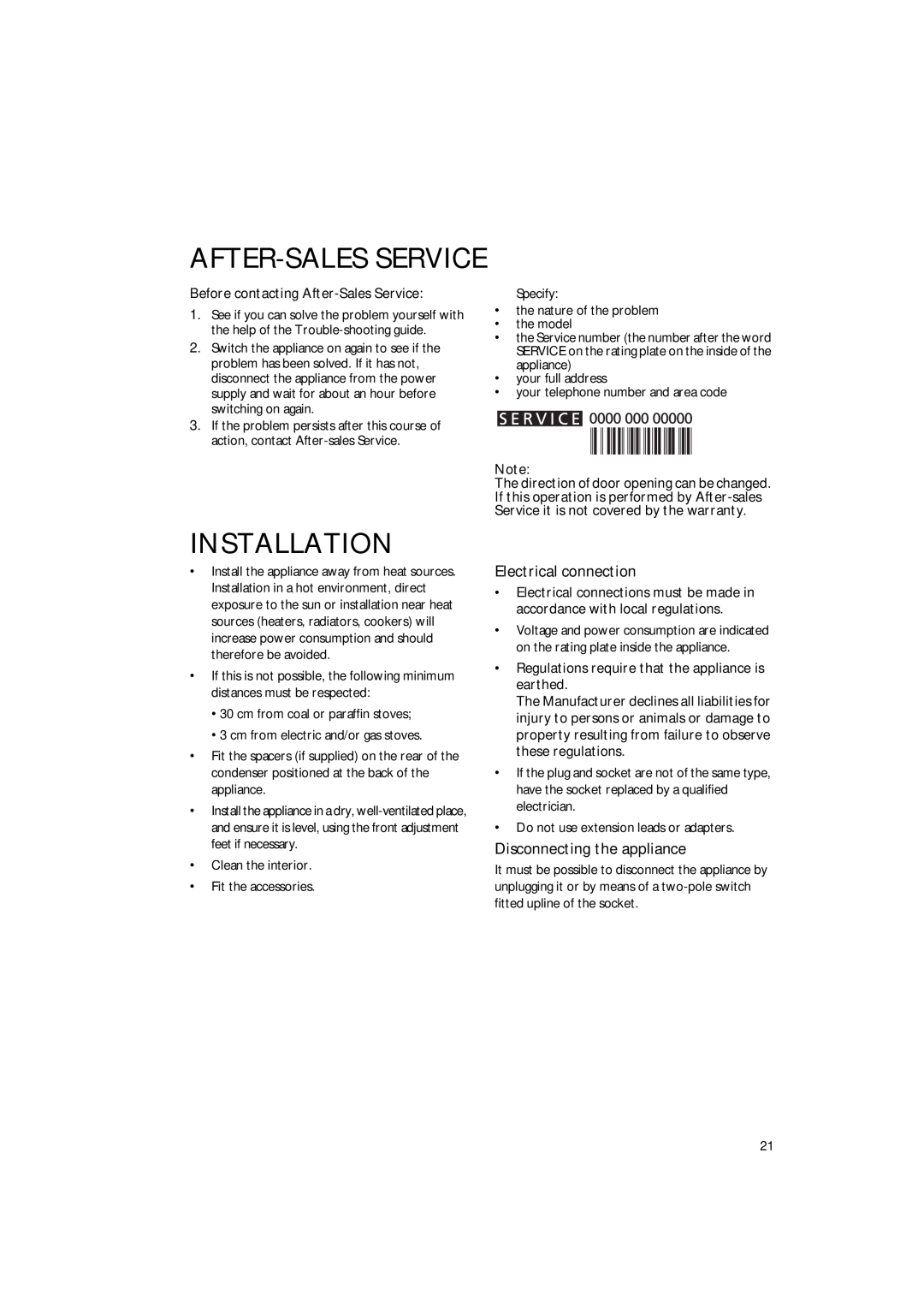 Smeg FR310APL manual After-Sales Service, Installation, Electrical connection, Disconnecting the appliance 
