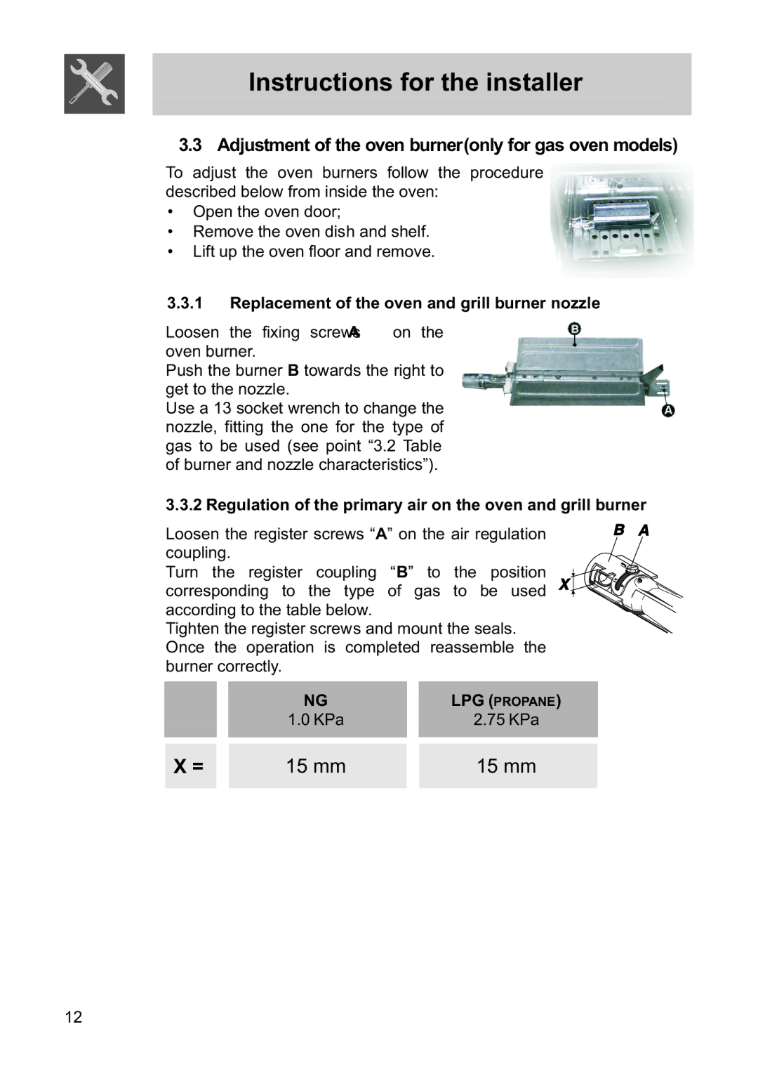 Smeg FS60XNG manual Adjustment of the oven burneronly for gas oven models, Replacement of the oven and grill burner nozzle 