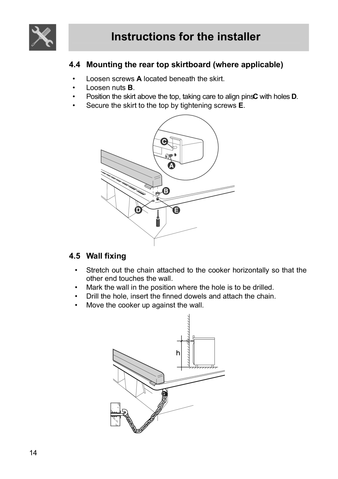 Smeg FS61MFXLP, FS60WHNG, FS60XNG manual Mounting the rear top skirtboard where applicable, Wall fixing 