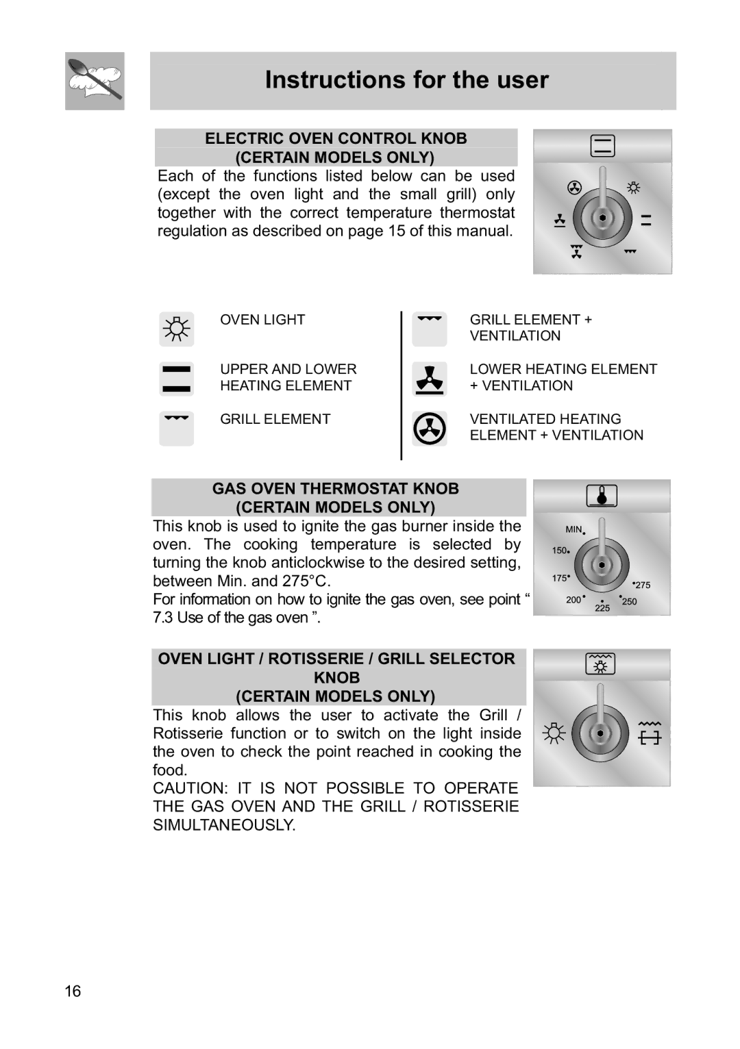 Smeg FS60XNG, FS61MFXLP, FS60WHNG manual Electric Oven Control Knob Certain Models only, GAS Oven Thermostat Knob 