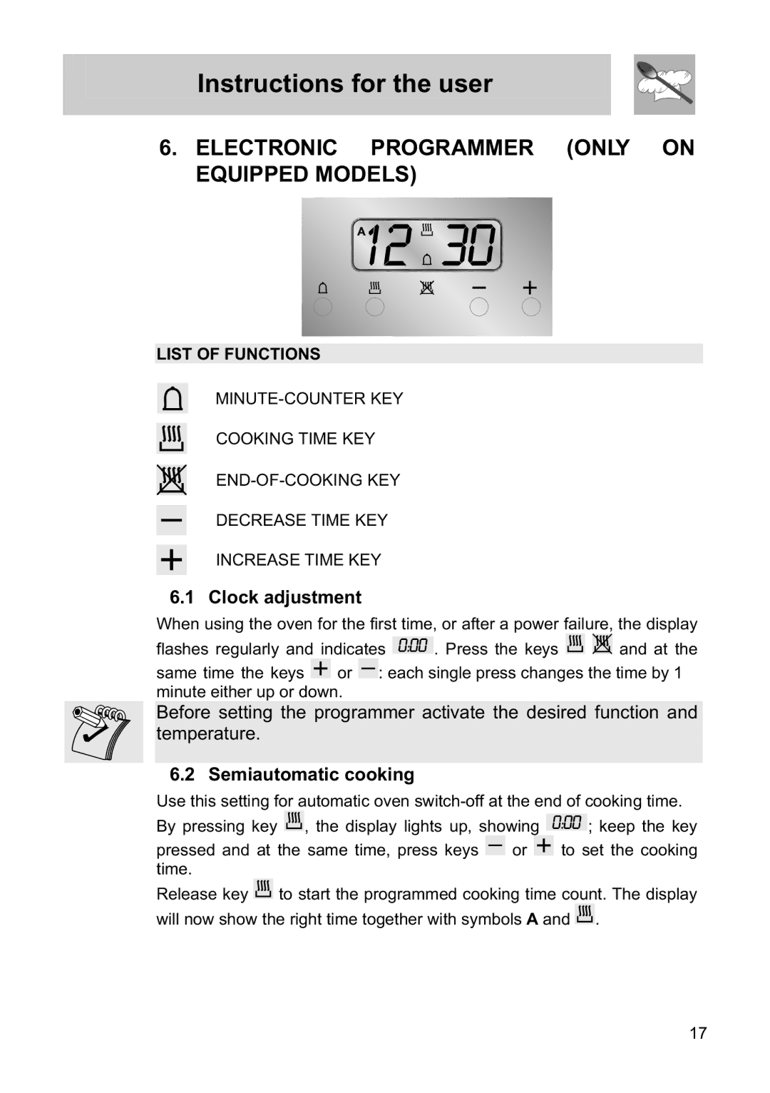 Smeg FS61MFX Electronic Programmer only on Equipped Models, Clock adjustment, Semiautomatic cooking, List of Functions 