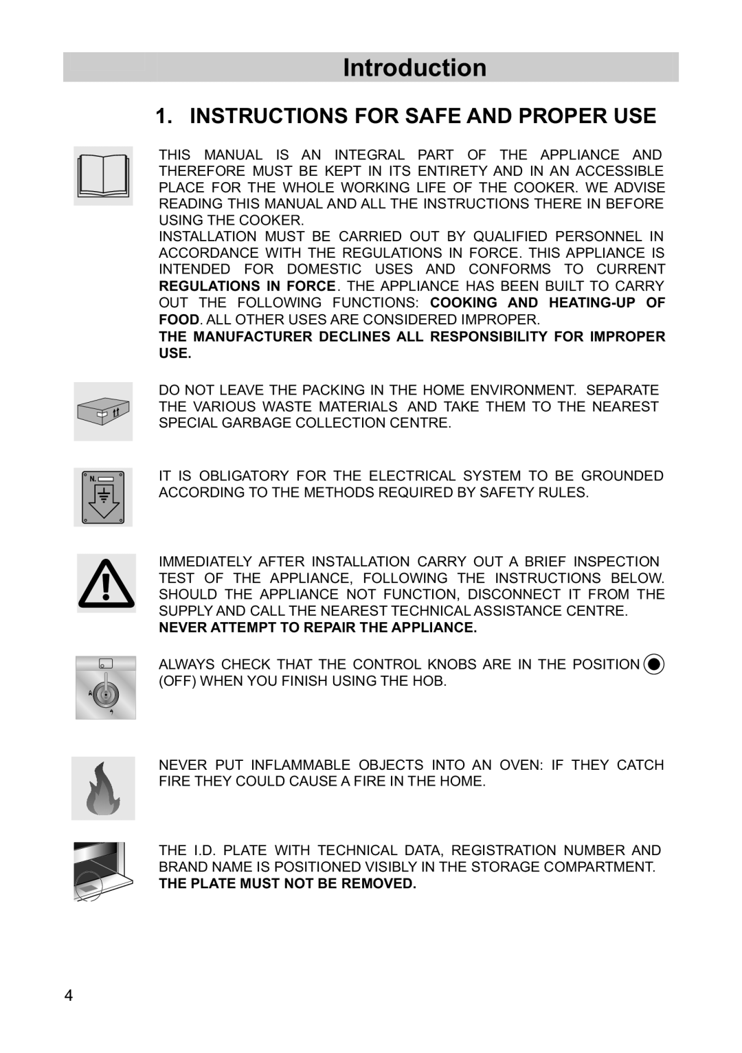 Smeg FS60XNG, FS61MFXLP, FS60WHNG manual Introduction, Instructions for Safe and Proper USE 