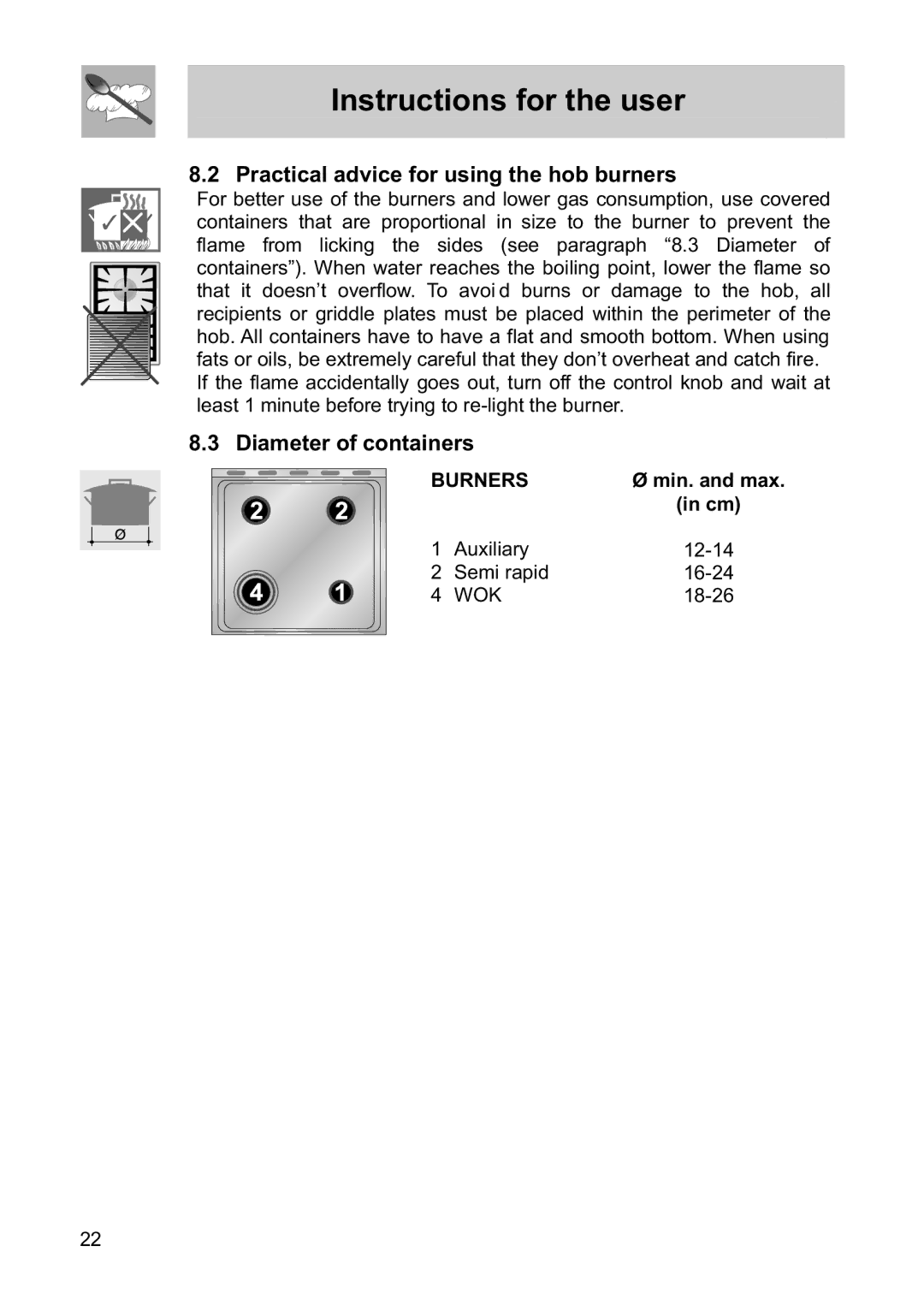 Smeg FS61MFXLP, FS60WHNG, FS60XNG Practical advice for using the hob burners, Diameter of containers, Burners, Min. and max 