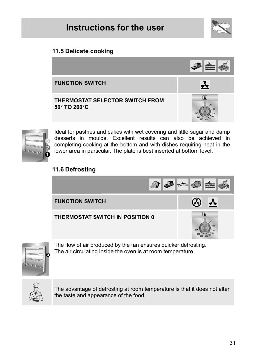 Smeg FS60WHNG, FS61MFXLP, FS60XNG manual Delicate cooking, Defrosting, Function Switch Thermostat Switch in Position 