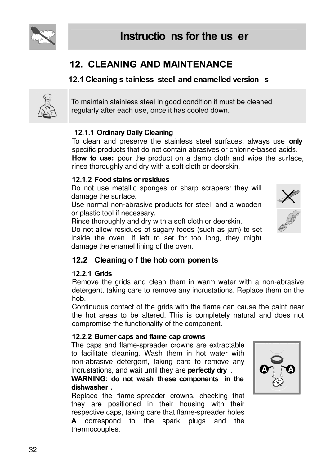 Smeg FS60XNG Cleaning and Maintenance, Cleaning stainless steel and enamelled versions, Cleaning of the hob components 