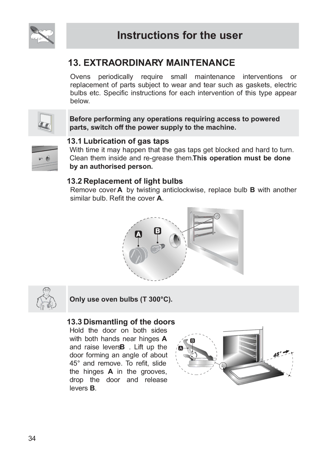 Smeg FS61MFXLP Extraordinary Maintenance, Lubrication of gas taps, Replacement of light bulbs, Dismantling of the doors 