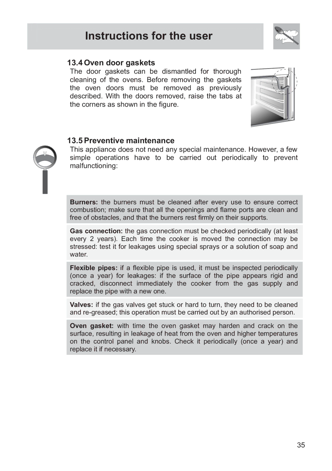 Smeg FS60WHNG, FS61MFXLP, FS60XNG manual Oven door gaskets, Preventive maintenance 