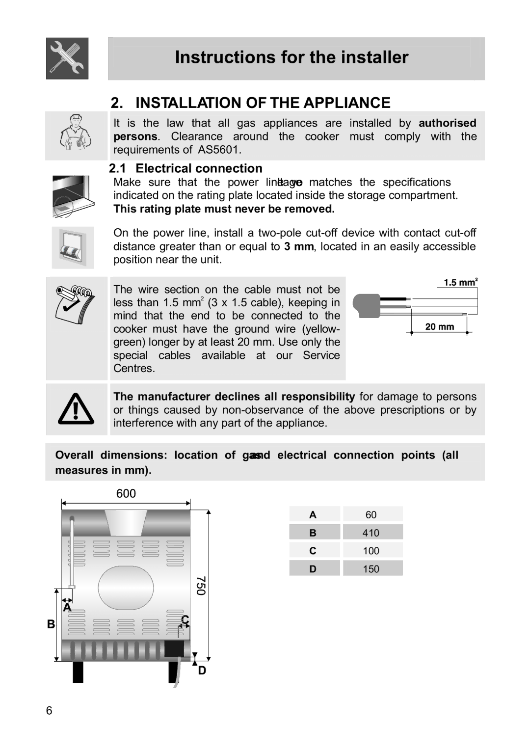 Smeg FS61MFXLP, FS60WHNG Installation of the Appliance, Electrical connection, This rating plate must never be removed 