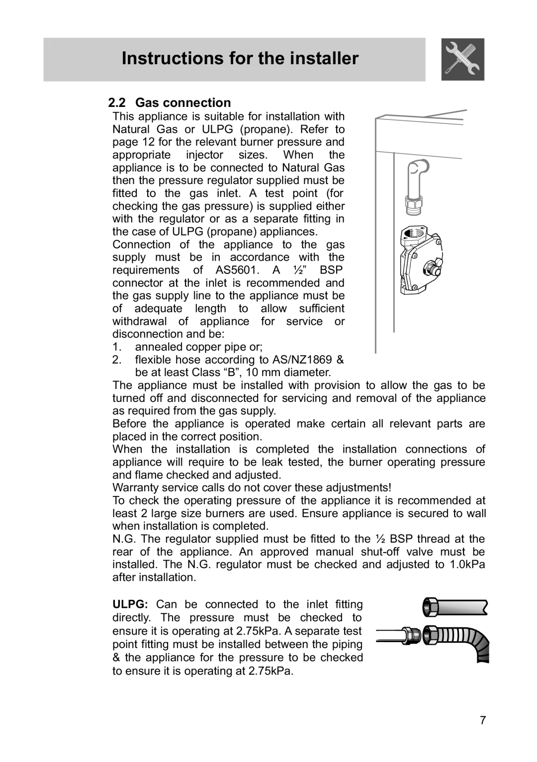 Smeg FS60WHNG, FS61MFXLP, FS60XNG manual Gas connection 