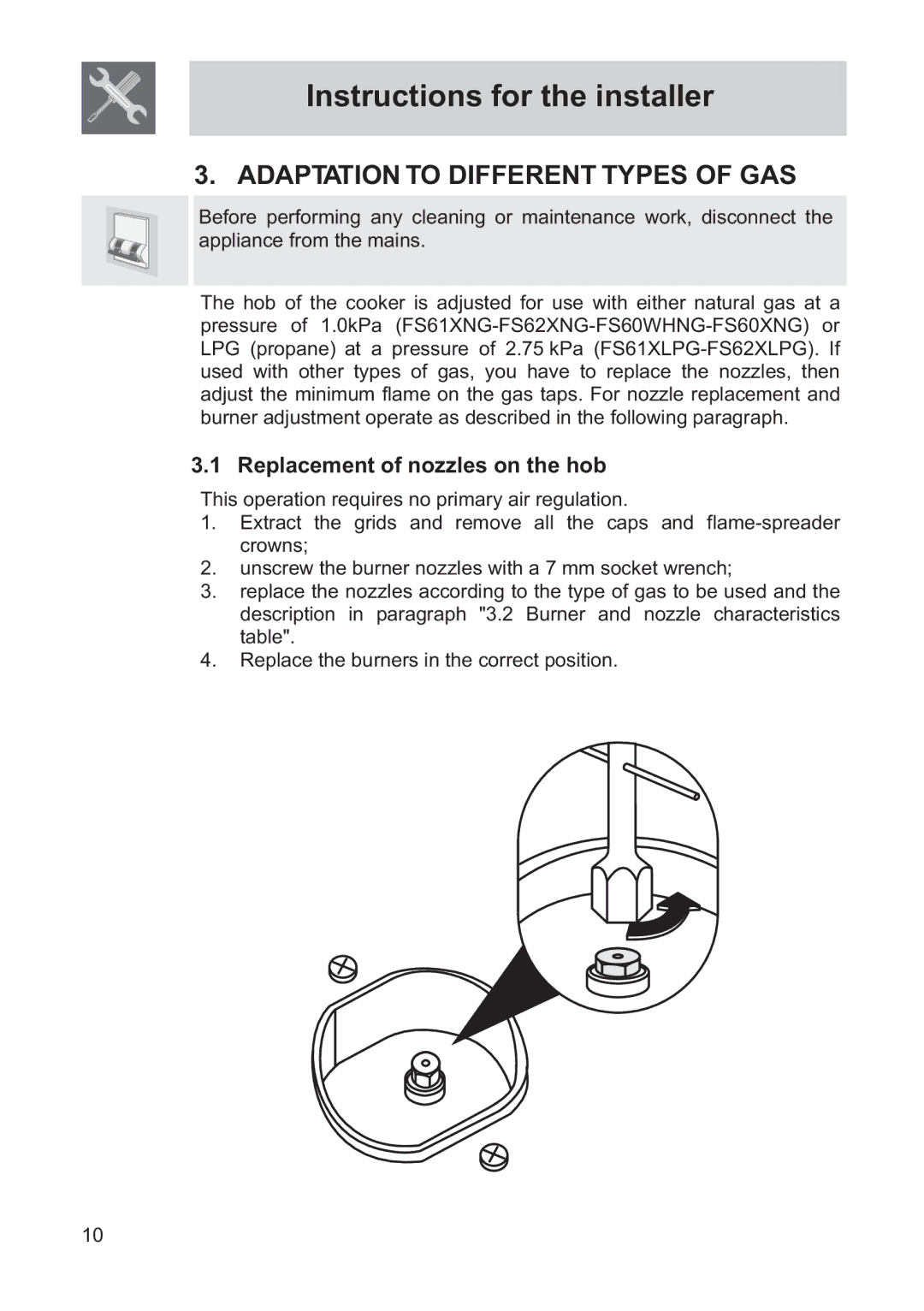 Smeg FS61MFXLP, FS60WHNG, FS60XNG manual Adaptation to Different Types of GAS, Replacement of nozzles on the hob 