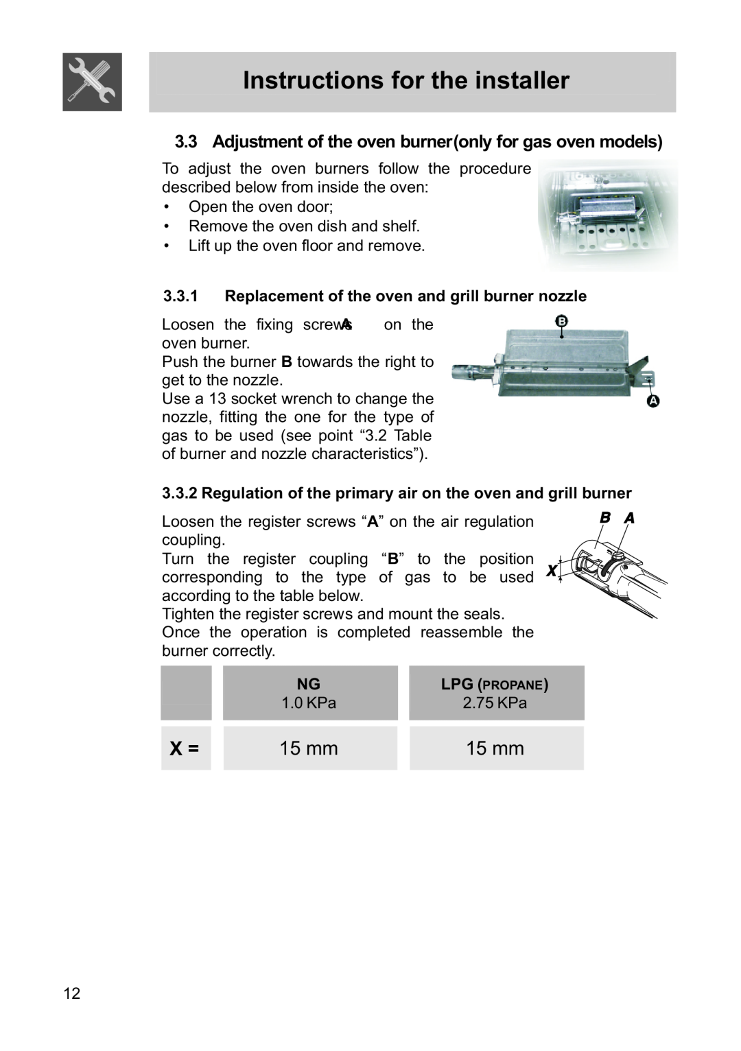 Smeg FS60XNG, FS61MFXLP manual Adjustment of the oven burneronly for gas oven models, Instructions for the installer, 15 mm 